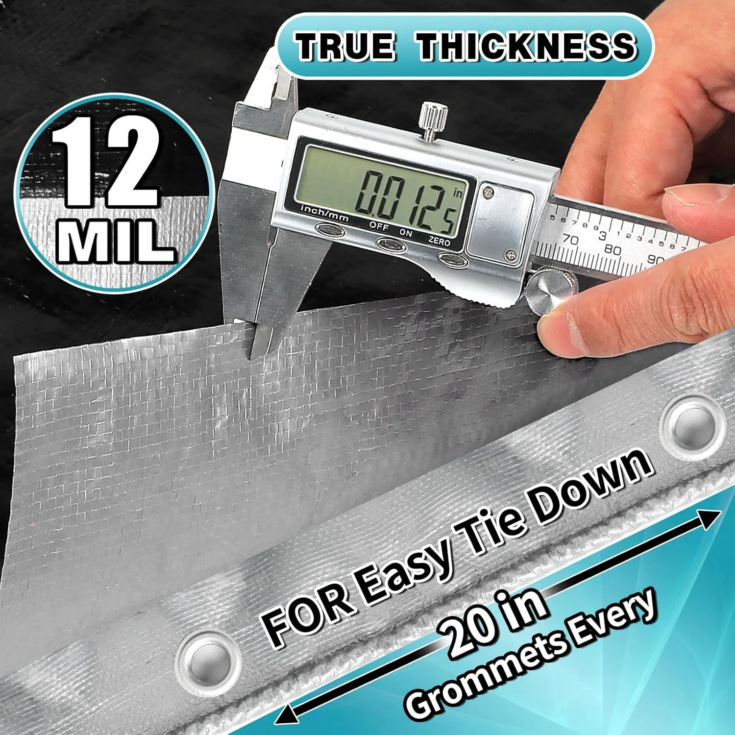Heavy Duty Tarp 16' x 20', 12 Mil Thick Waterproof Poly Tarps, High Durability, Rip and Tear Resistant with Metal Grommets Every 20 Inches (Silver/Black)