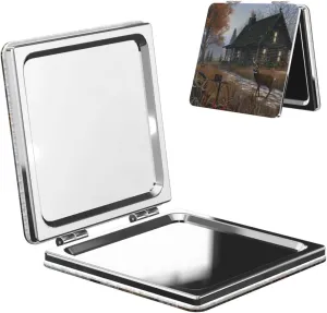 Holiday Home Deer Hunting Printed Square Pocket Makeup Mirror with 1X/2X Magnification, Portable Mini Travel Makeup Mirror for Travel Daily Work Beauty