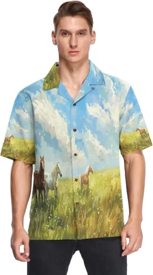Horse Steeds on Summer Grassland Men's Hawaiian Shirt Short Sleeve Button Down Summer Beach Casual Aloha Shirt S-3XL