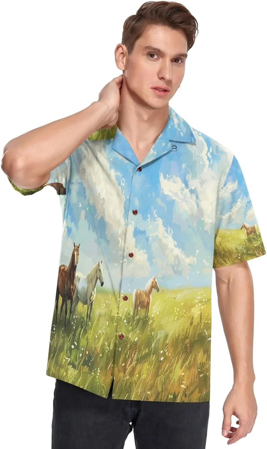 Horse Steeds on Summer Grassland Men's Hawaiian Shirt Short Sleeve Button Down Summer Beach Casual Aloha Shirt S-3XL