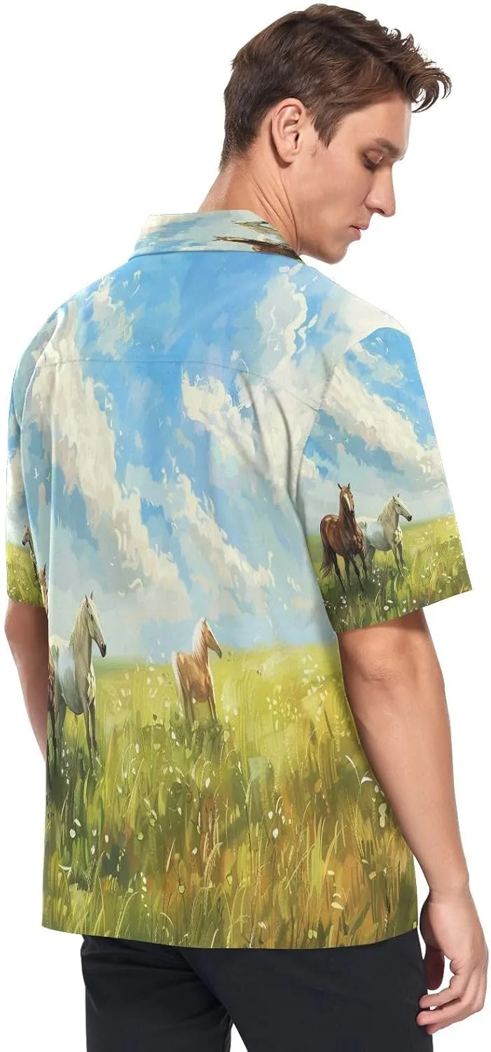 Horse Steeds on Summer Grassland Men's Hawaiian Shirt Short Sleeve Button Down Summer Beach Casual Aloha Shirt S-3XL