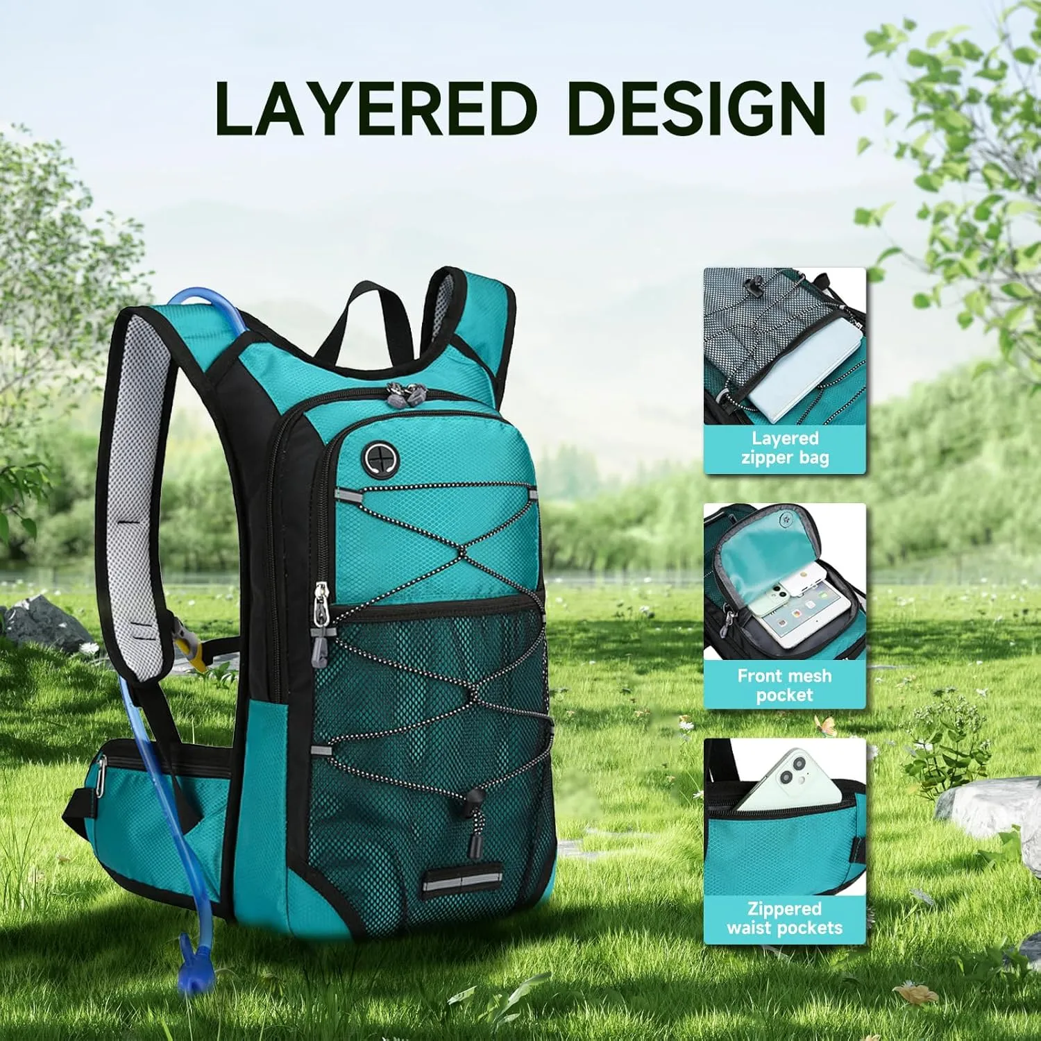Hydration Bladder Backpack for Men & Women Sport Hydro Backpack with 2L Water Bladder Pack for Hiking Running Cycling Camping