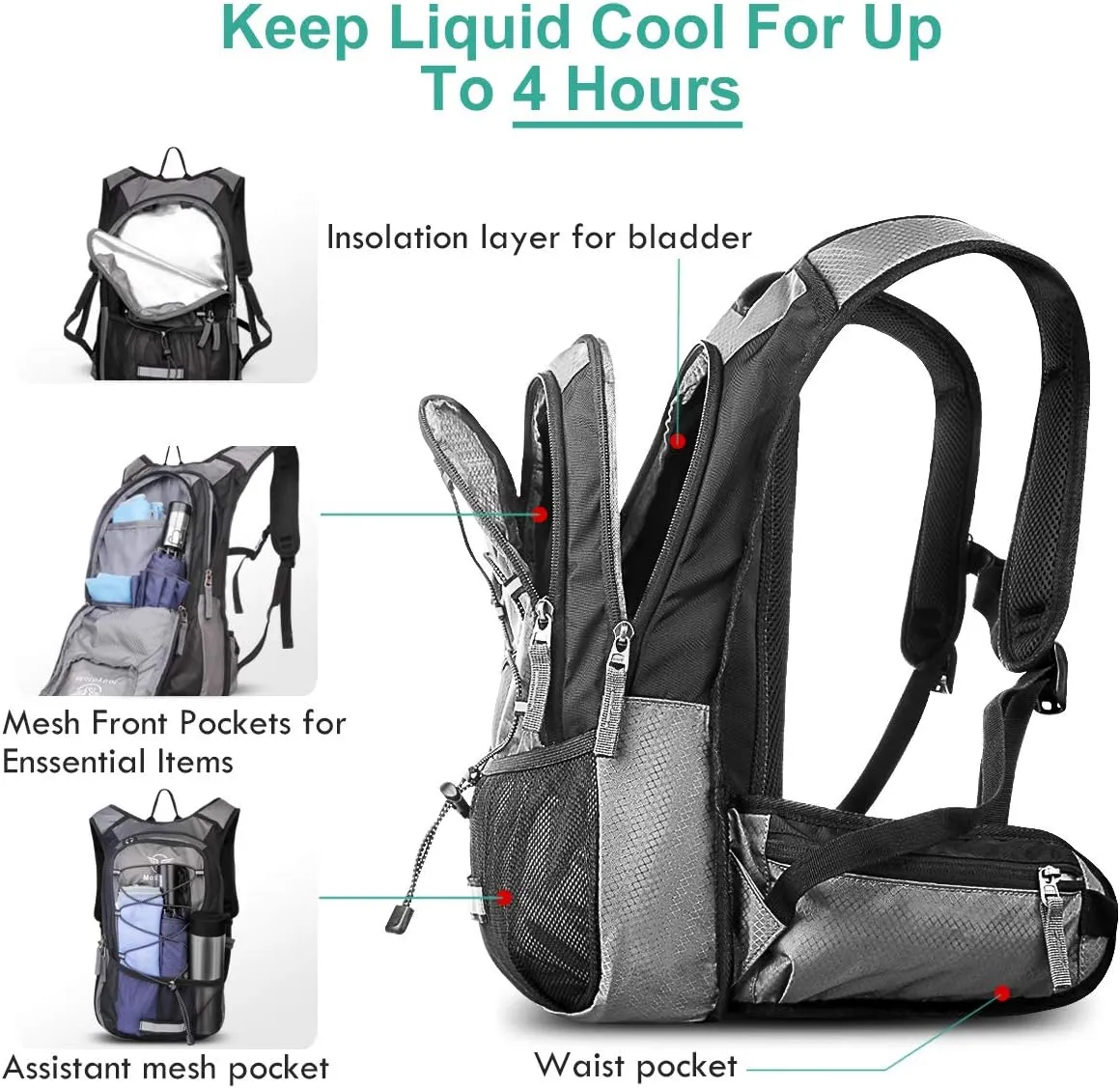 Hydration Pack, Insulated Hydration Backpack with 2L BPA Free Water Bladder and Storage, Hiking Backpack for Men, Women, Kids for Running, Cycling, Camping - Keep Liquid Cool up to 5 Hours