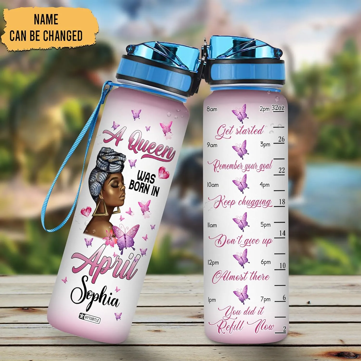 Hyturtle Personalized A Queen Was Born In April Butterfly 32Oz Liter Motivational Water Bottle, Customized Name Africa American With Time Marker, Gifts For Black Women Girls On Birthday Mother's Day