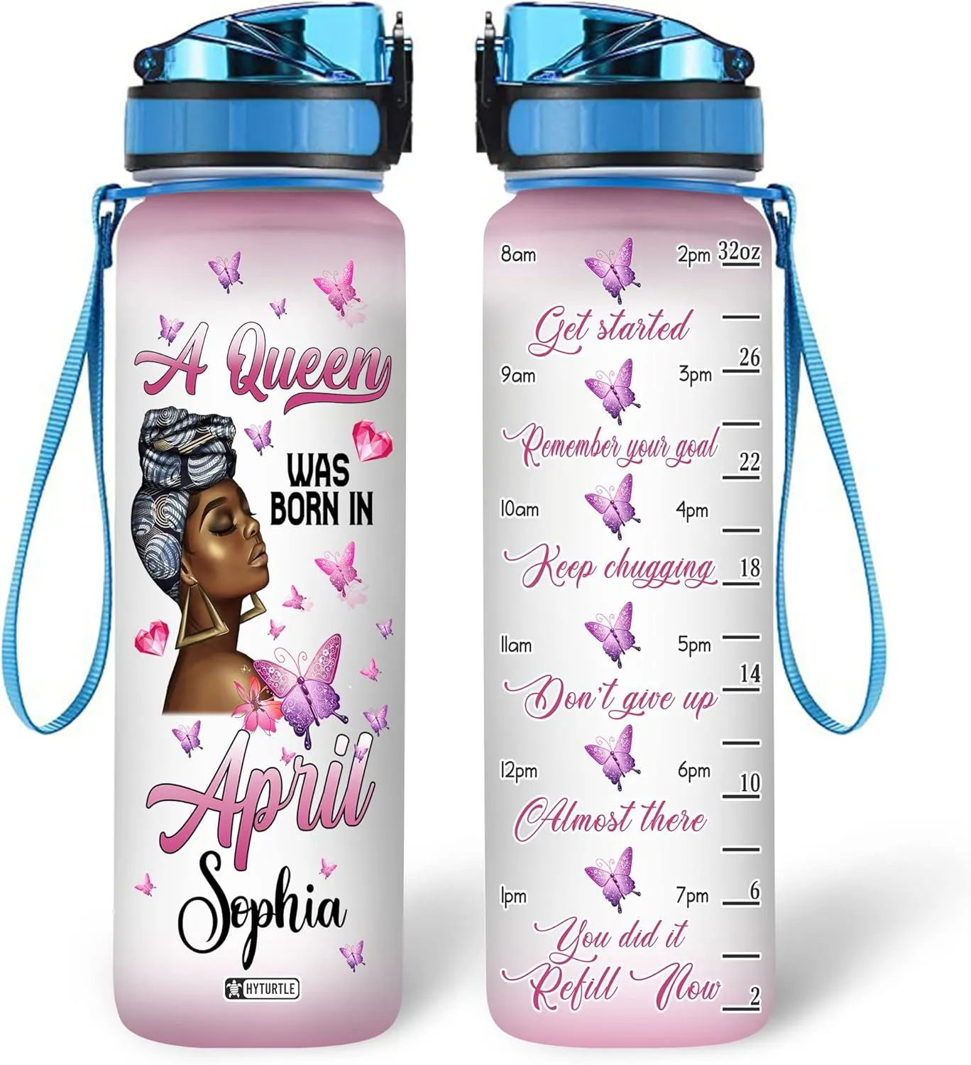Hyturtle Personalized A Queen Was Born In April Butterfly 32Oz Liter Motivational Water Bottle, Customized Name Africa American With Time Marker, Gifts For Black Women Girls On Birthday Mother's Day