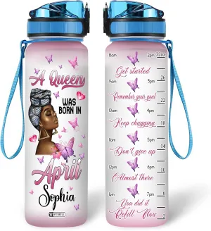 Hyturtle Personalized A Queen Was Born In April Butterfly 32Oz Liter Motivational Water Bottle, Customized Name Africa American With Time Marker, Gifts For Black Women Girls On Birthday Mother's Day