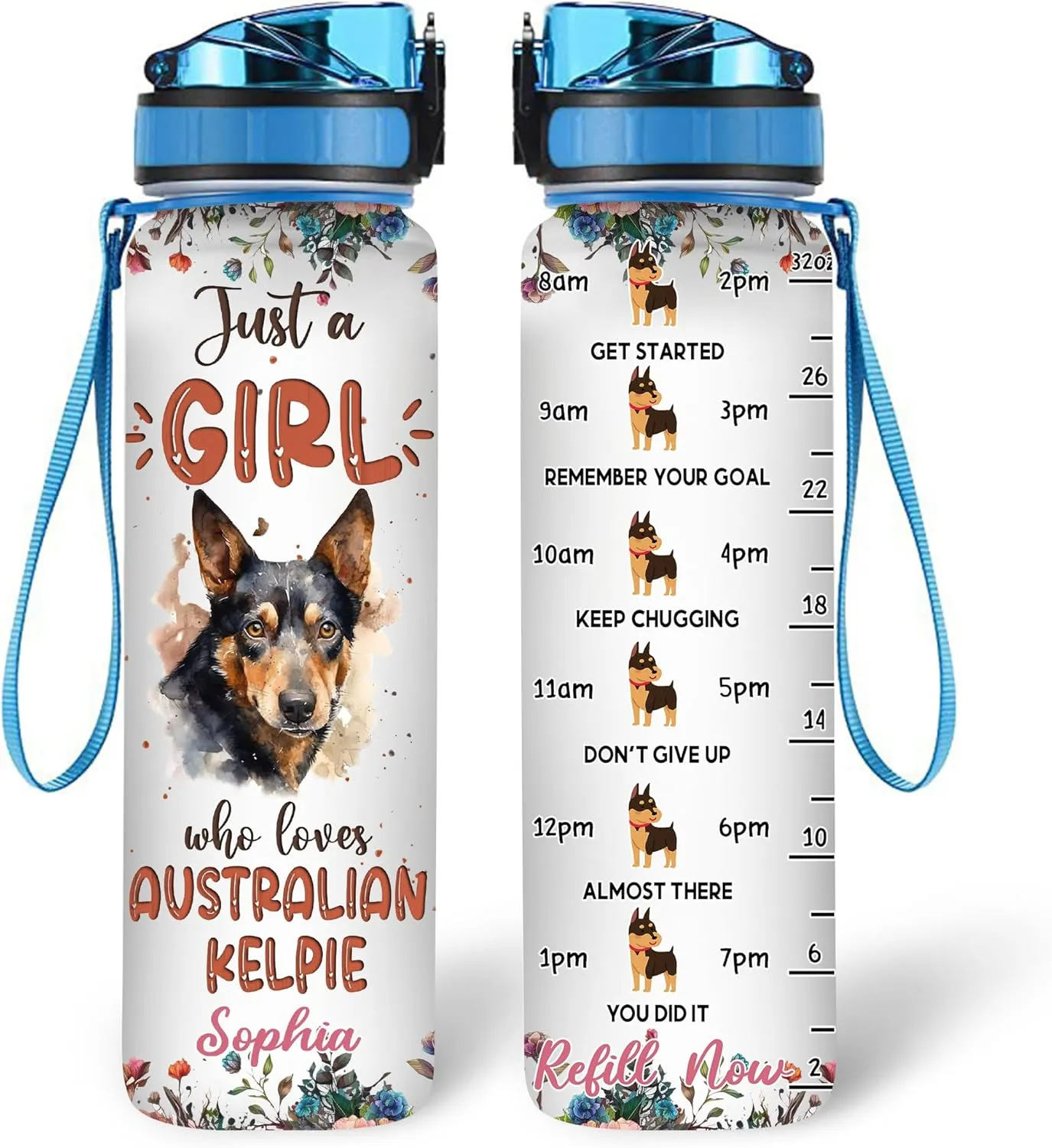 Hyturtle Personalized Australian Kelpie Dog Lovers 32 Oz 1Liter Motivational Water Bottle With Time Marker, Just A Girl Who Loves Dogs, Animal Lovers Gifts For Women, Girl On Birthday, Christmas