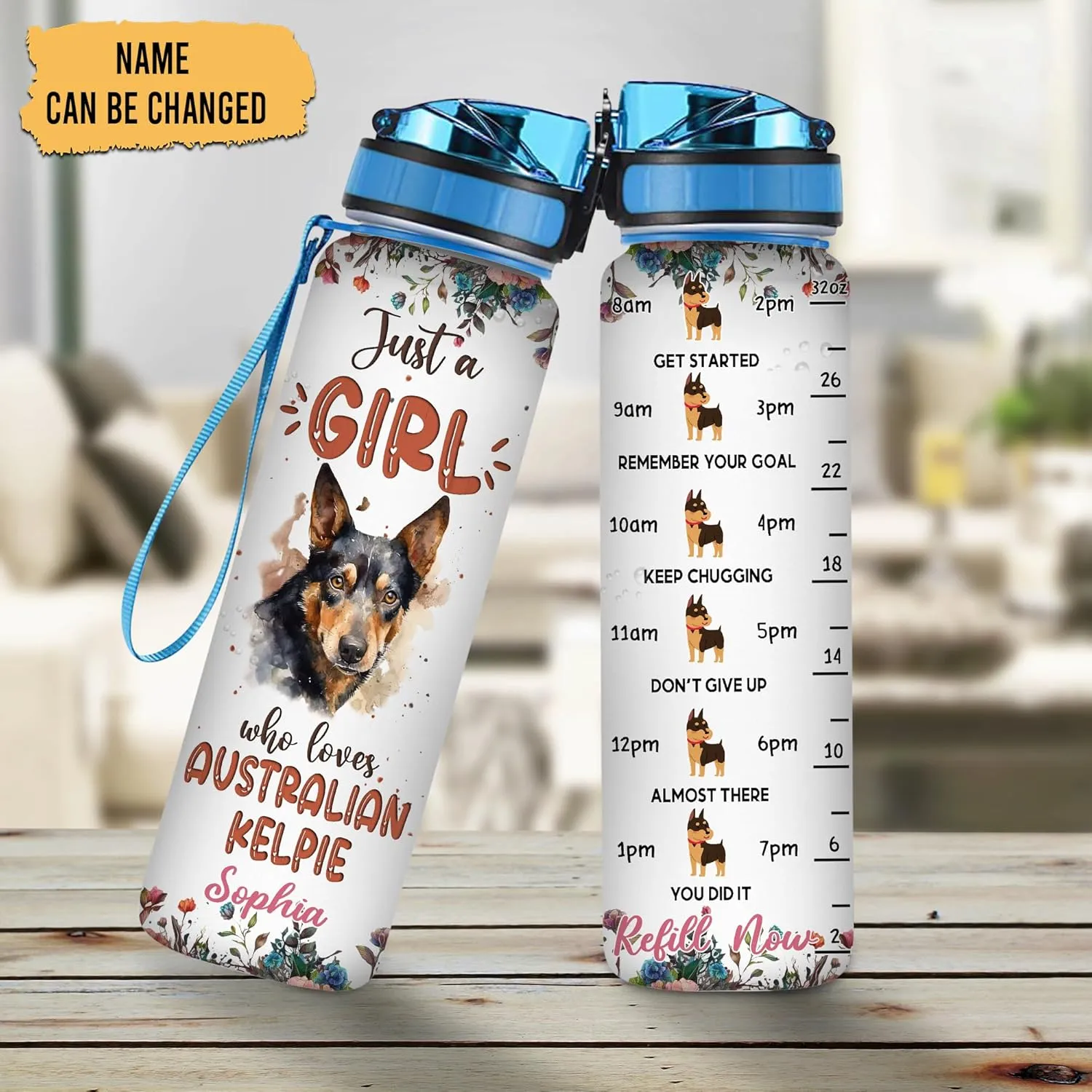 Hyturtle Personalized Australian Kelpie Dog Lovers 32 Oz 1Liter Motivational Water Bottle With Time Marker, Just A Girl Who Loves Dogs, Animal Lovers Gifts For Women, Girl On Birthday, Christmas