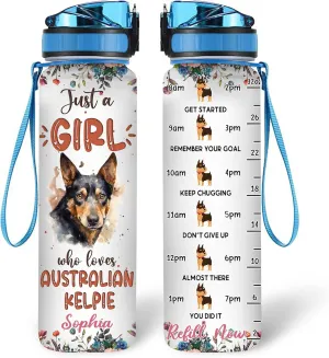 Hyturtle Personalized Australian Kelpie Dog Lovers 32 Oz 1Liter Motivational Water Bottle With Time Marker, Just A Girl Who Loves Dogs, Animal Lovers Gifts For Women, Girl On Birthday, Christmas