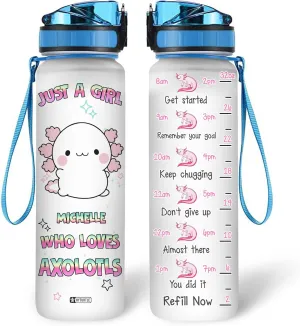 Hyturtle Personalized Axolotl Water Bottle - 32oz Motivational Water Bottle with Leak-Proof Lid & Time Marker - Custom Name Gift for Women Axolotl Lovers Girls Boys - Birthday & Christmas Gift