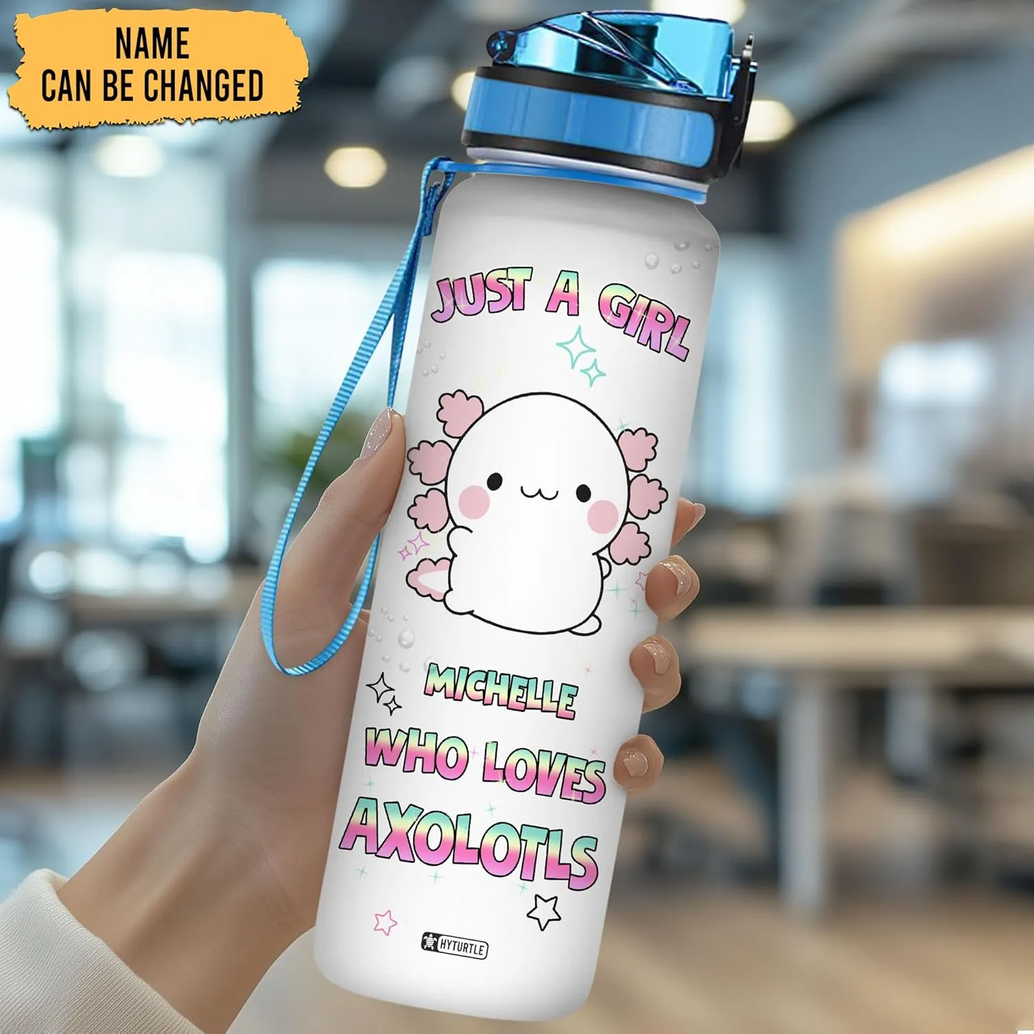 Hyturtle Personalized Axolotl Water Bottle - 32oz Motivational Water Bottle with Leak-Proof Lid & Time Marker - Custom Name Gift for Women Axolotl Lovers Girls Boys - Birthday & Christmas Gift