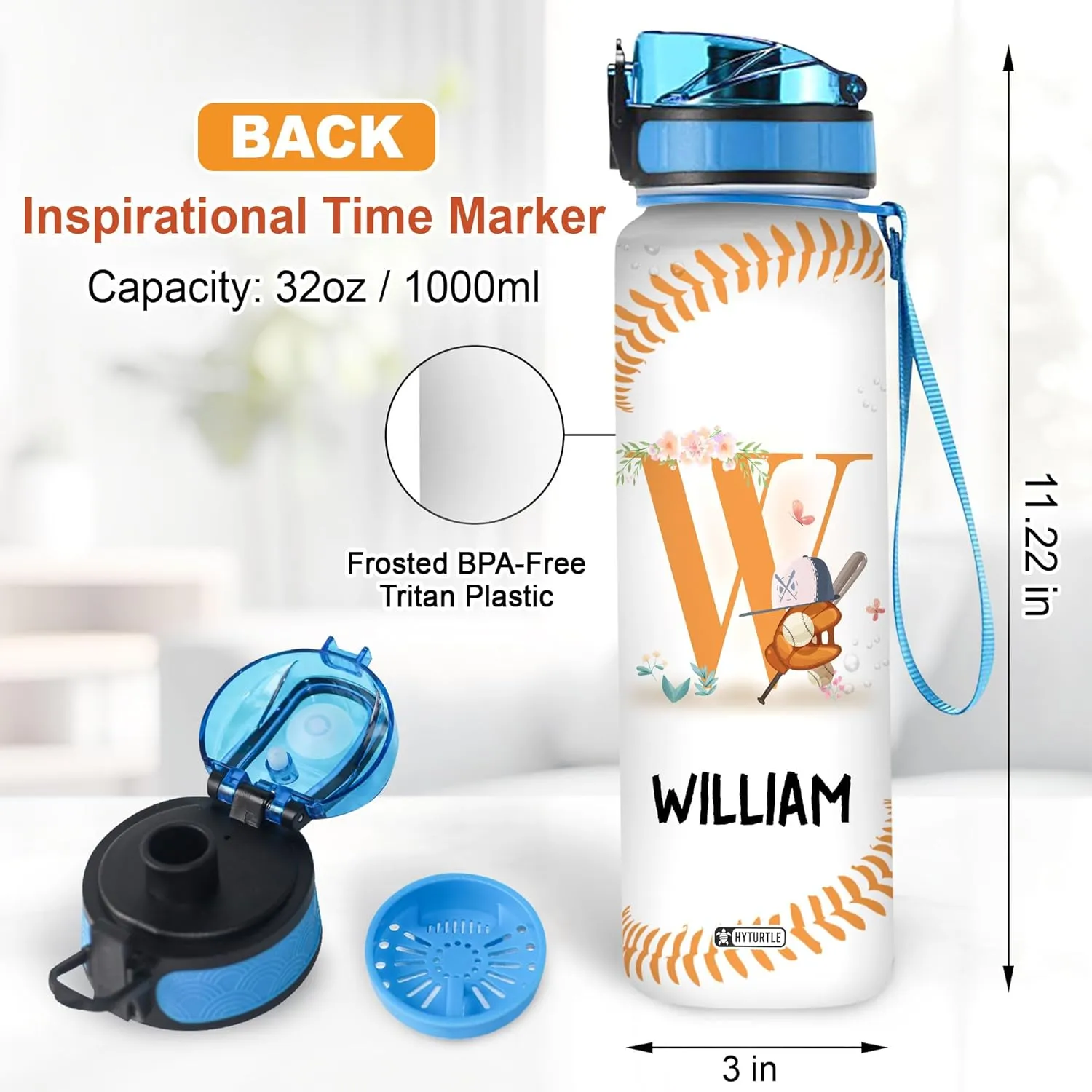 Hyturtle Personalized Baseball Water Bottle - 32oz Motivational Water Bottle with Leak-Proof Lid & Time Marker - Custom Name Gift for Men, Boys, Baseball Players, Coaches, Birthday & Christmas Gift