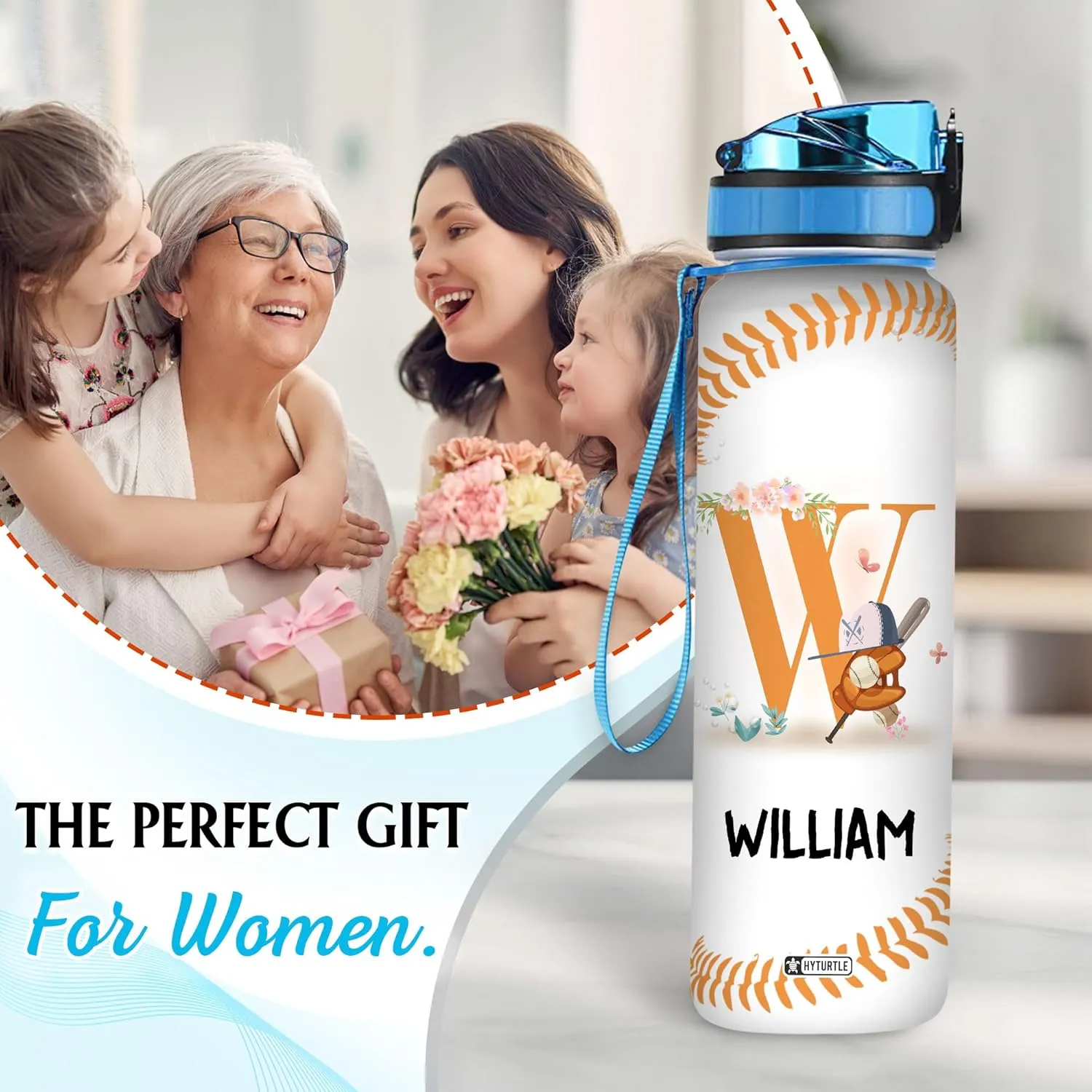Hyturtle Personalized Baseball Water Bottle - 32oz Motivational Water Bottle with Leak-Proof Lid & Time Marker - Custom Name Gift for Men, Boys, Baseball Players, Coaches, Birthday & Christmas Gift