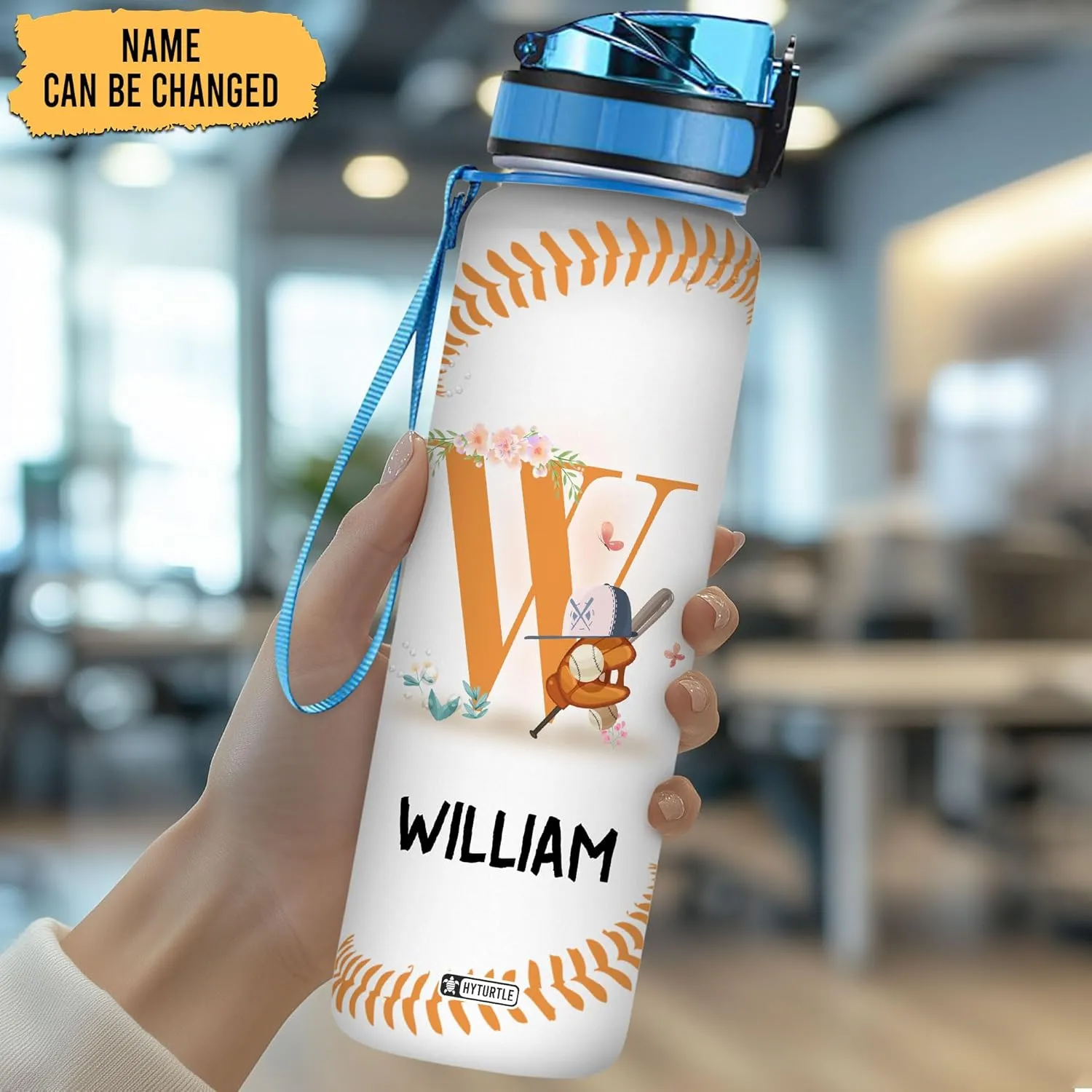 Hyturtle Personalized Baseball Water Bottle - 32oz Motivational Water Bottle with Leak-Proof Lid & Time Marker - Custom Name Gift for Men, Boys, Baseball Players, Coaches, Birthday & Christmas Gift