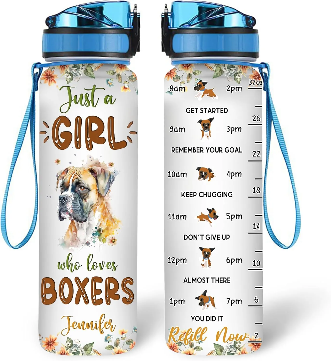 Hyturtle Personalized Boxer Dog Lovers 32 Oz 1Liter Motivational Water Bottle With Time Marker, Just A Girl Who Loves Dogs, Animal Lovers Gifts For Women, Girl On Birthday, Christmas