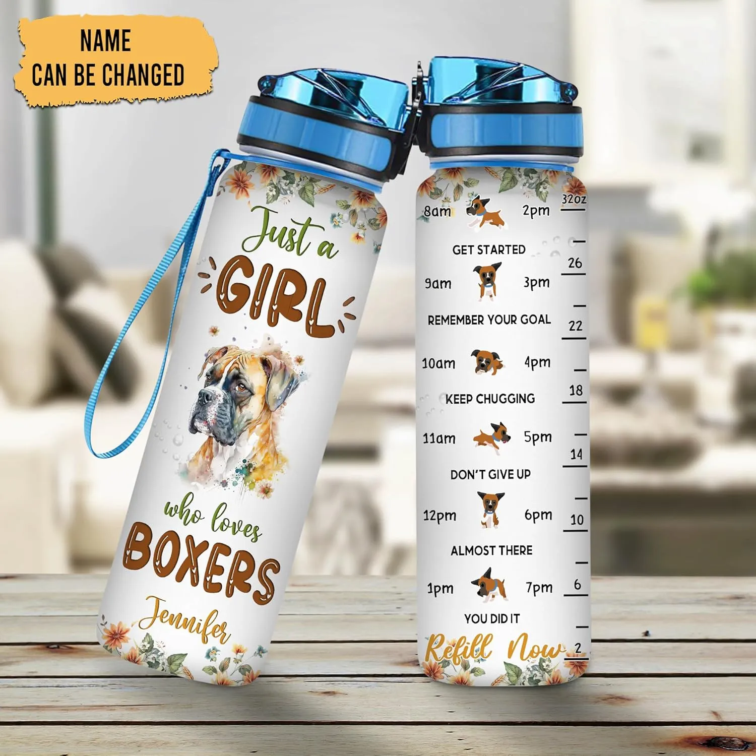Hyturtle Personalized Boxer Dog Lovers 32 Oz 1Liter Motivational Water Bottle With Time Marker, Just A Girl Who Loves Dogs, Animal Lovers Gifts For Women, Girl On Birthday, Christmas