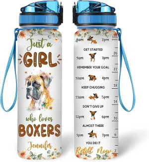 Hyturtle Personalized Boxer Dog Lovers 32 Oz 1Liter Motivational Water Bottle With Time Marker, Just A Girl Who Loves Dogs, Animal Lovers Gifts For Women, Girl On Birthday, Christmas