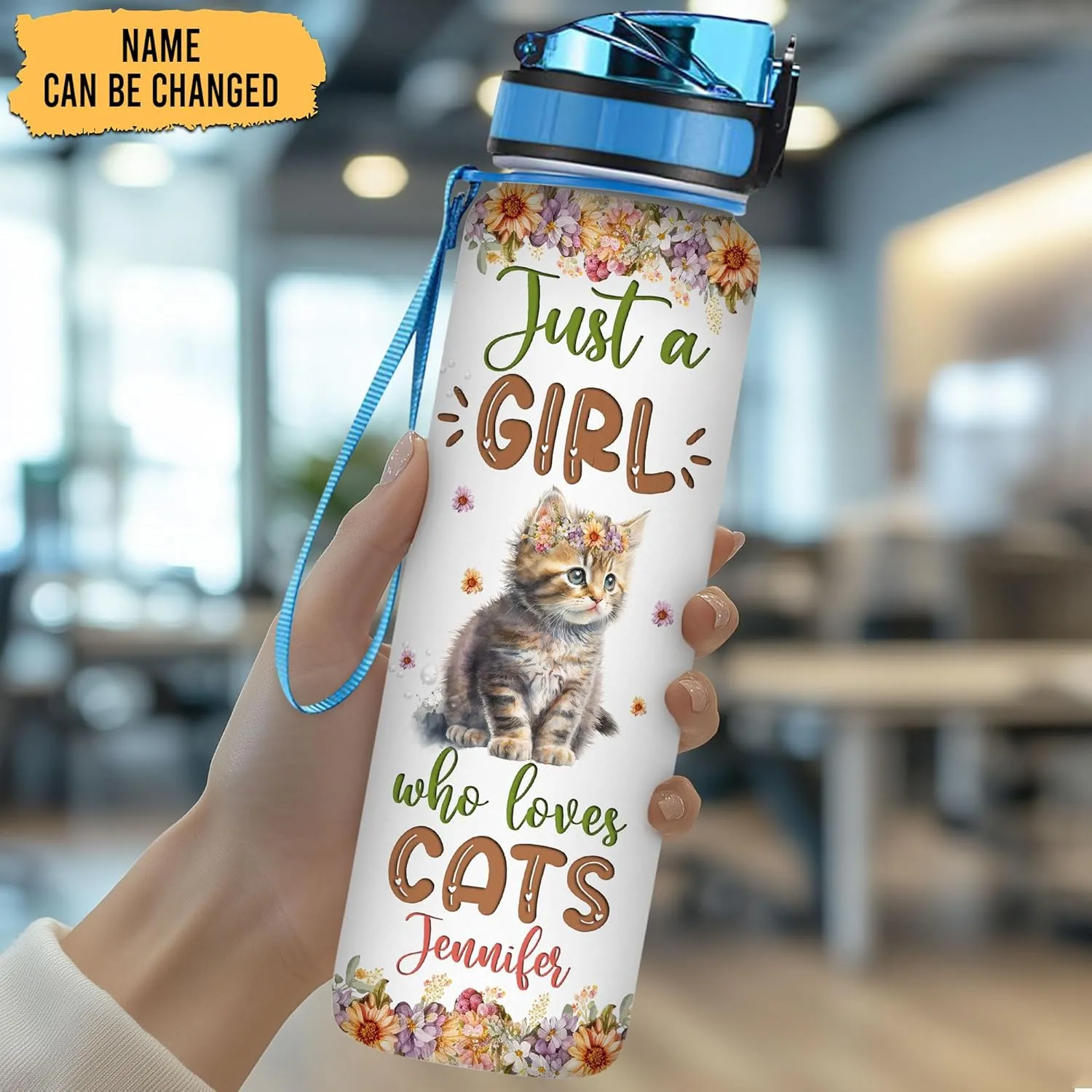 Hyturtle Personalized Cat Lovers 32 Oz 1Liter Motivational Water Bottle With Time Marker, Just A Girl Who Loves Cats, Animal Lovers Gifts For Women, Girl On Birthday, Christmas