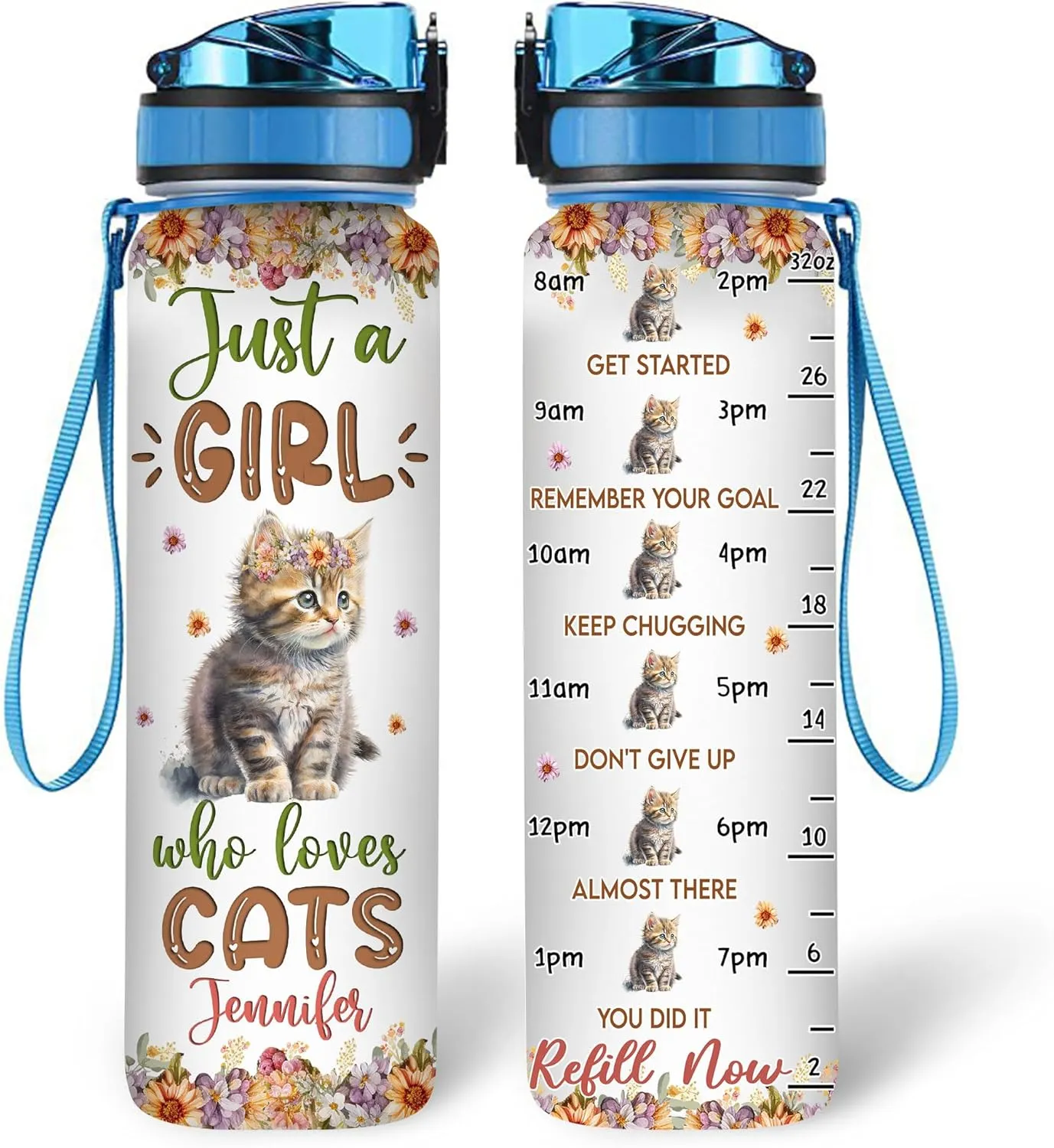 Hyturtle Personalized Cat Lovers 32 Oz 1Liter Motivational Water Bottle With Time Marker, Just A Girl Who Loves Cats, Animal Lovers Gifts For Women, Girl On Birthday, Christmas
