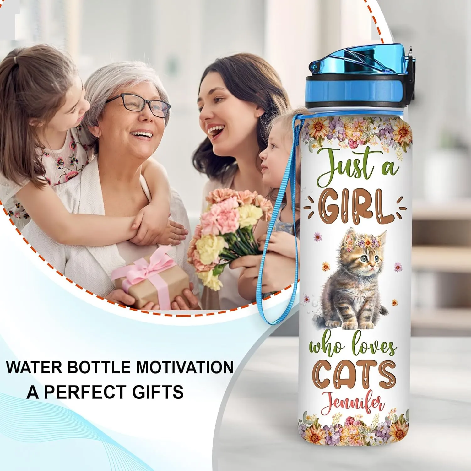 Hyturtle Personalized Cat Lovers 32 Oz 1Liter Motivational Water Bottle With Time Marker, Just A Girl Who Loves Cats, Animal Lovers Gifts For Women, Girl On Birthday, Christmas