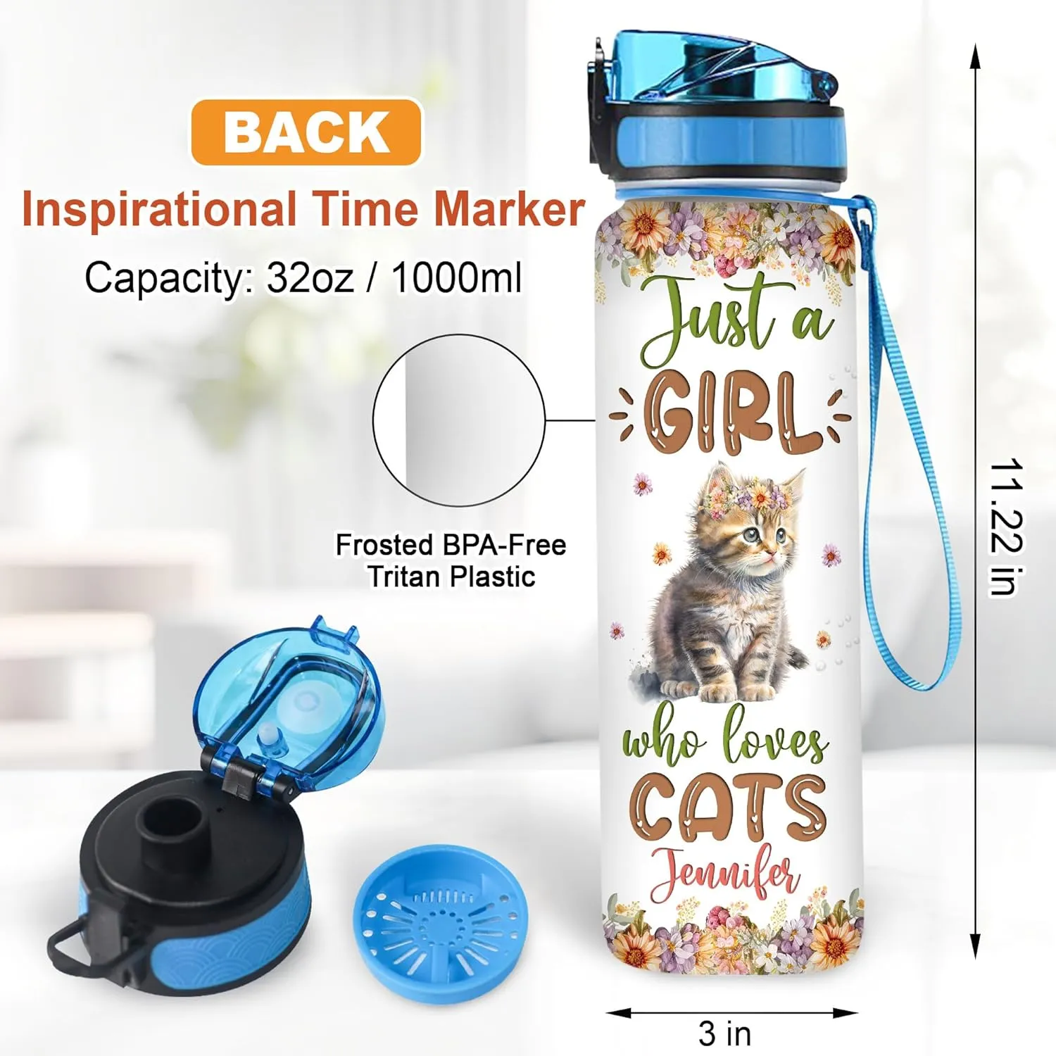 Hyturtle Personalized Cat Lovers 32 Oz 1Liter Motivational Water Bottle With Time Marker, Just A Girl Who Loves Cats, Animal Lovers Gifts For Women, Girl On Birthday, Christmas
