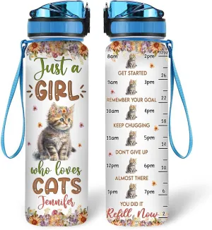 Hyturtle Personalized Cat Lovers 32 Oz 1Liter Motivational Water Bottle With Time Marker, Just A Girl Who Loves Cats, Animal Lovers Gifts For Women, Girl On Birthday, Christmas