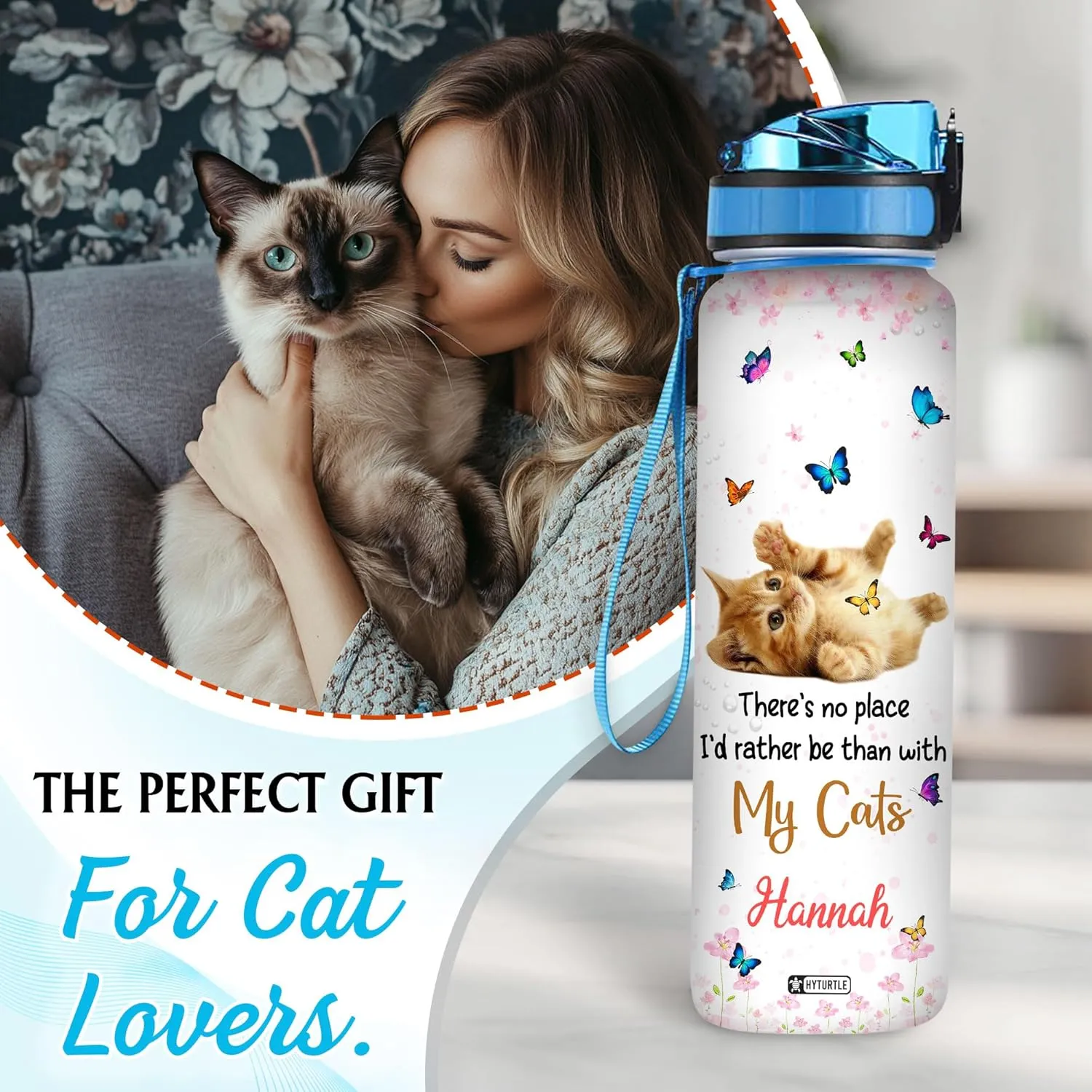 Hyturtle Personalized Cat Water Bottle - 32oz Motivational Water Bottle with Leak-Proof Lid & Time Marker, BPA-Free - Custom Name Gift for Cat Lovers, Women, Girls - Birthday & Christmas Gift
