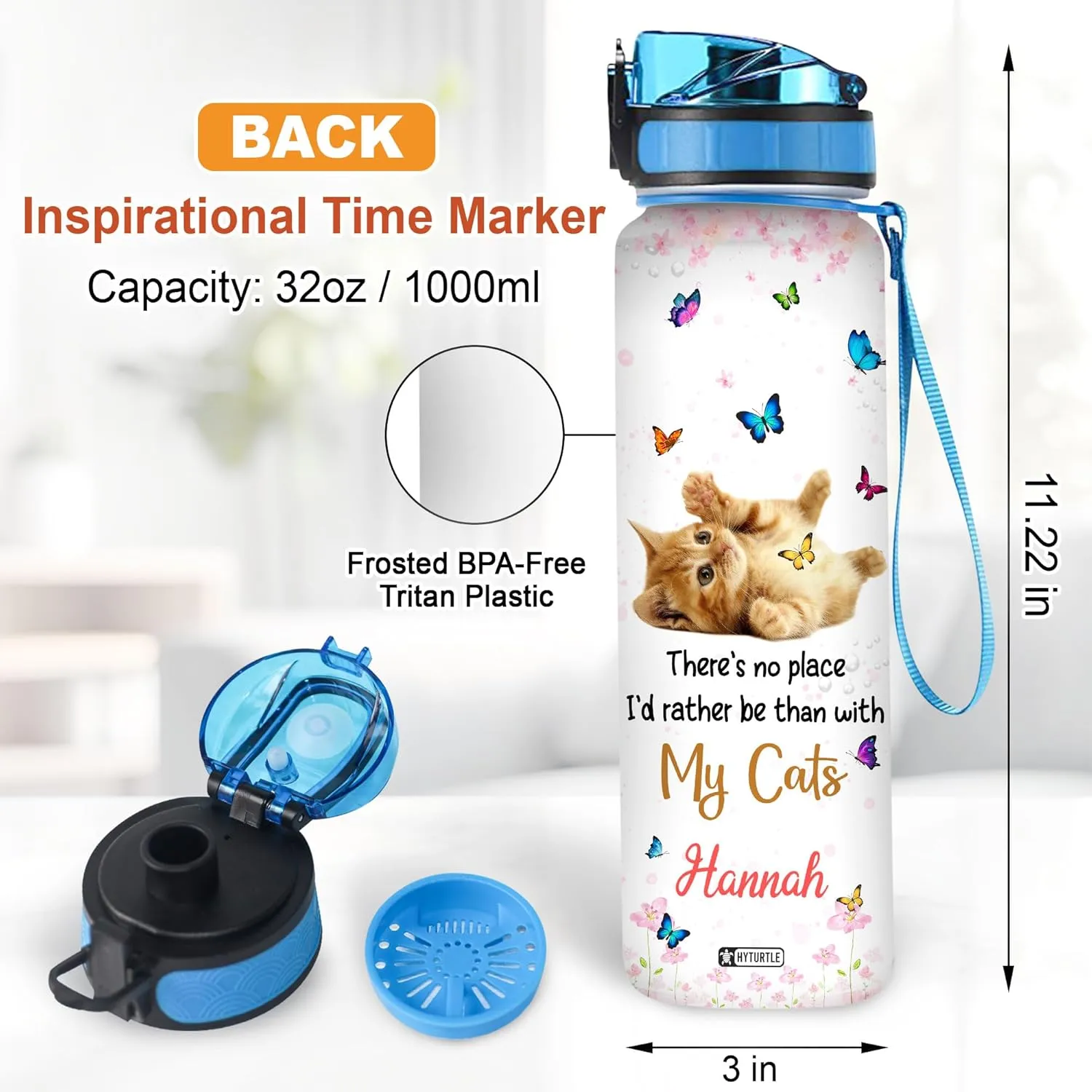 Hyturtle Personalized Cat Water Bottle - 32oz Motivational Water Bottle with Leak-Proof Lid & Time Marker, BPA-Free - Custom Name Gift for Cat Lovers, Women, Girls - Birthday & Christmas Gift