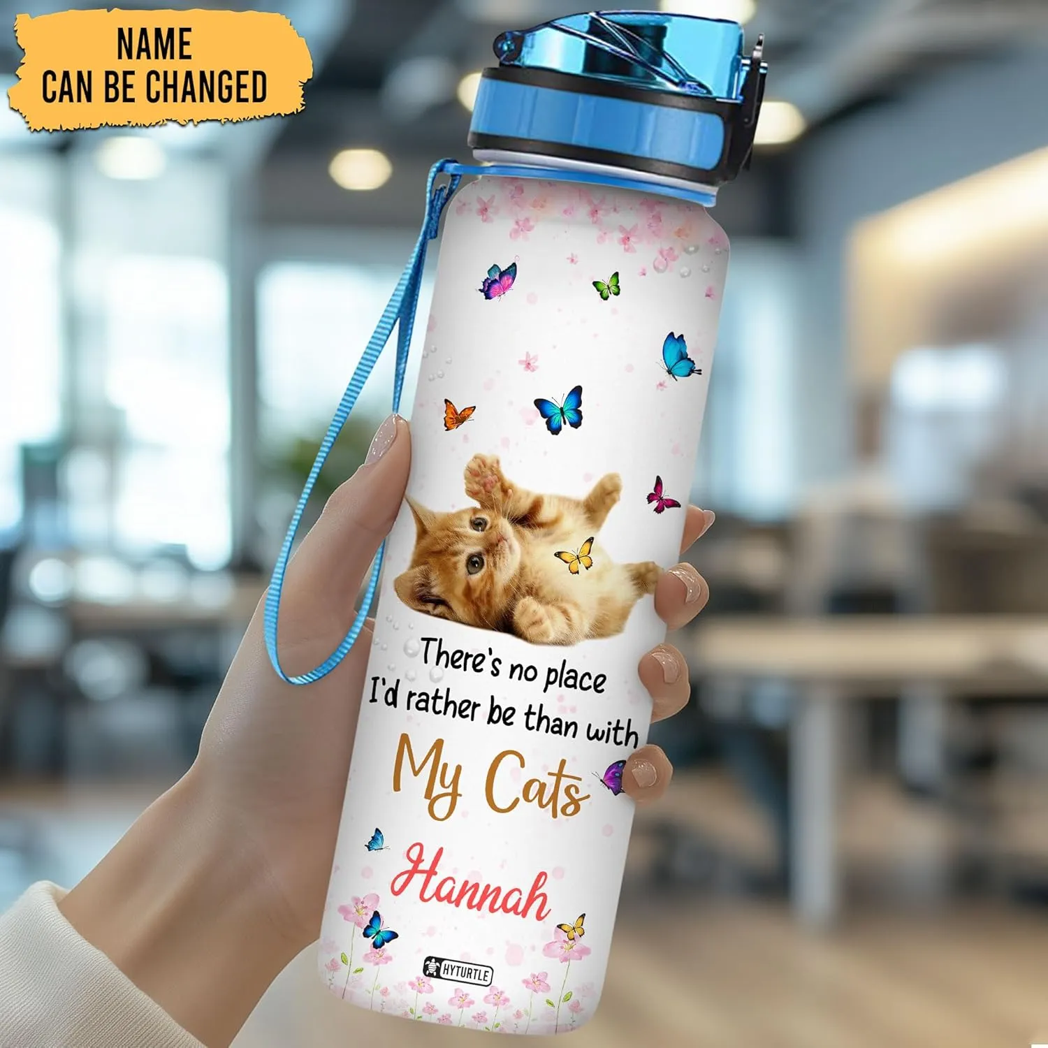 Hyturtle Personalized Cat Water Bottle - 32oz Motivational Water Bottle with Leak-Proof Lid & Time Marker, BPA-Free - Custom Name Gift for Cat Lovers, Women, Girls - Birthday & Christmas Gift