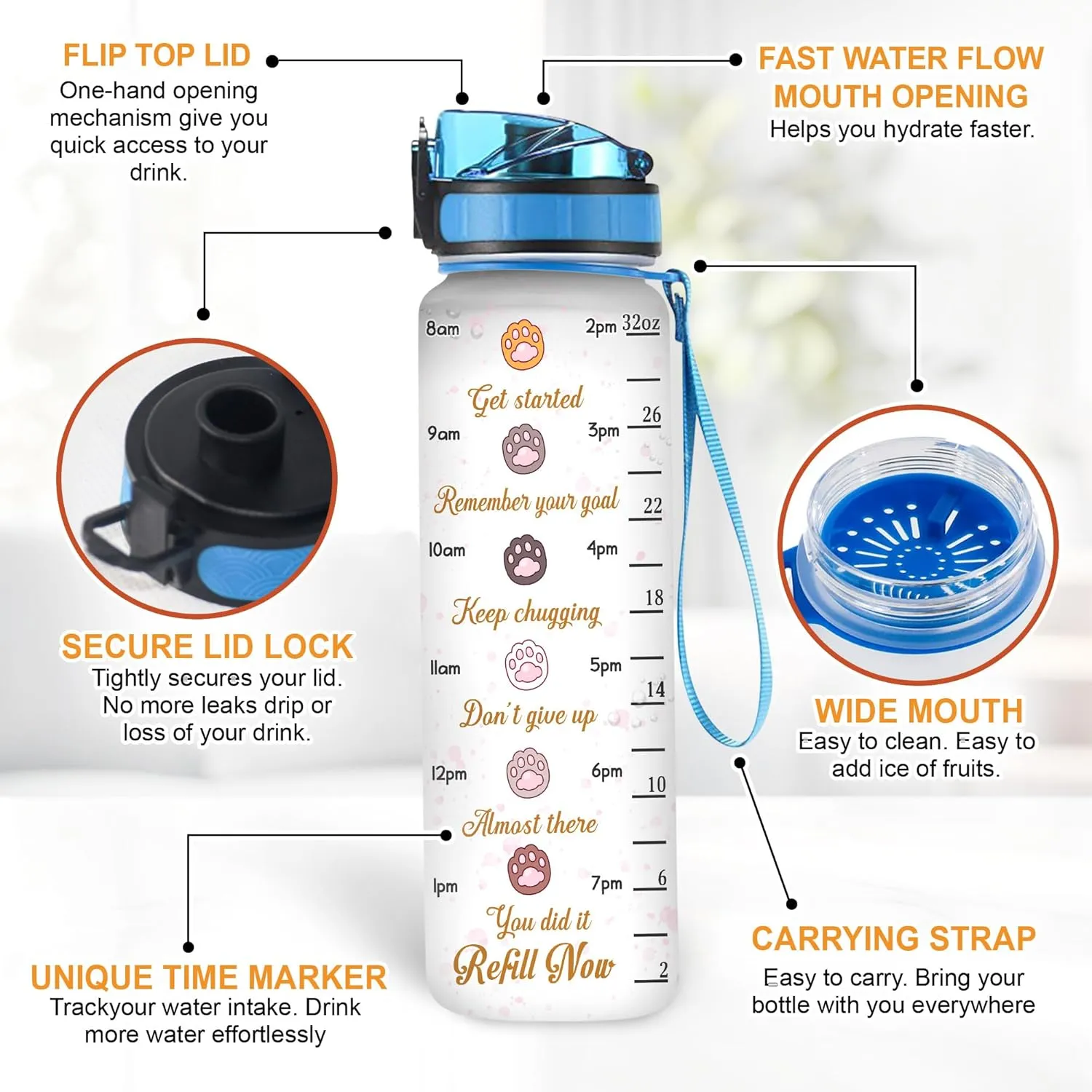 Hyturtle Personalized Cat Water Bottle - 32oz Motivational Water Bottle with Leak-Proof Lid & Time Marker, BPA-Free - Custom Name Gift for Cat Lovers, Women, Girls - Birthday & Christmas Gift