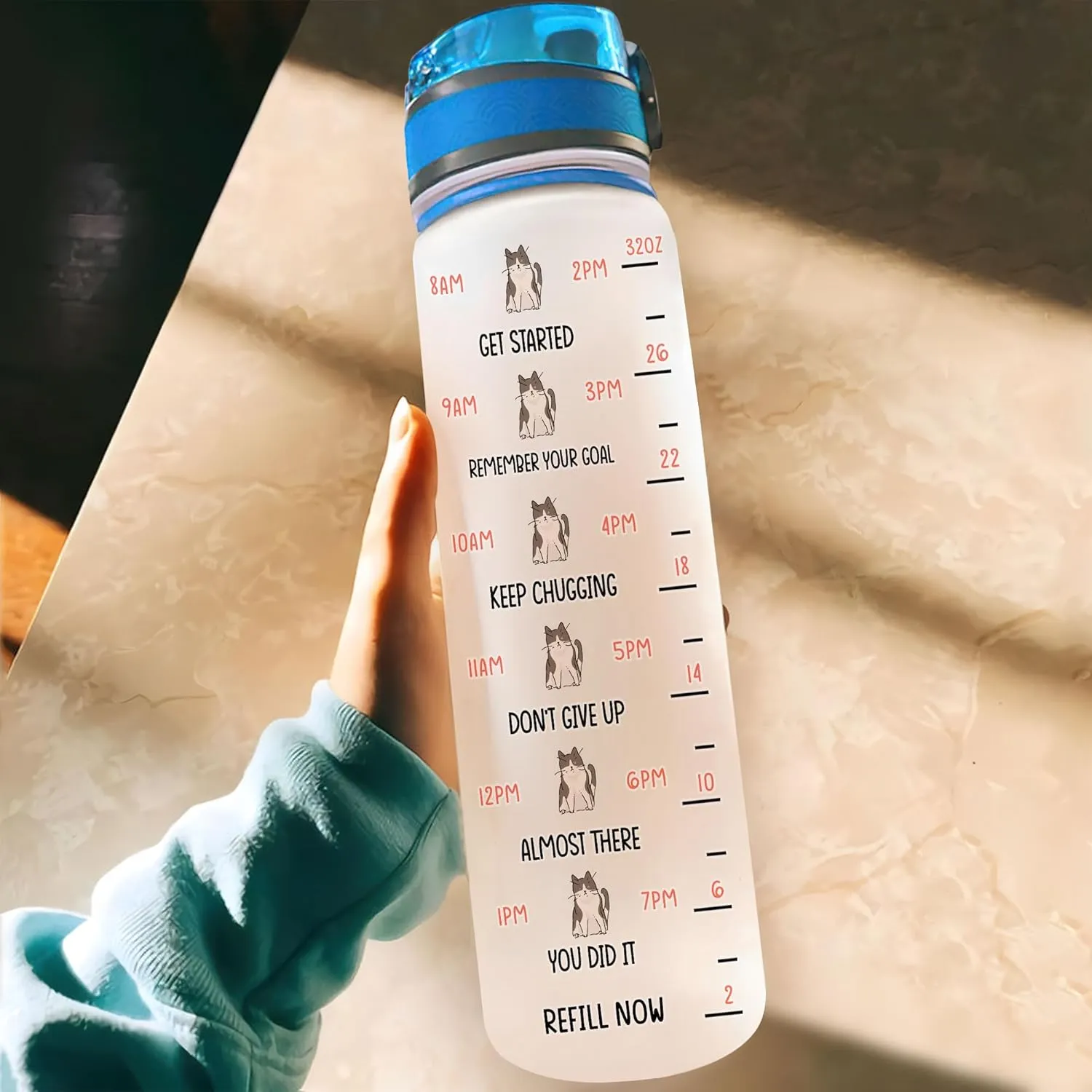 Hyturtle Personalized Cat Water Bottle - 32oz Motivational Water Bottle with Leak-Proof Lid & Time Marker - Custom Name Gift With Initial For Women Cat Lovers, Girls On Birthday Christmas