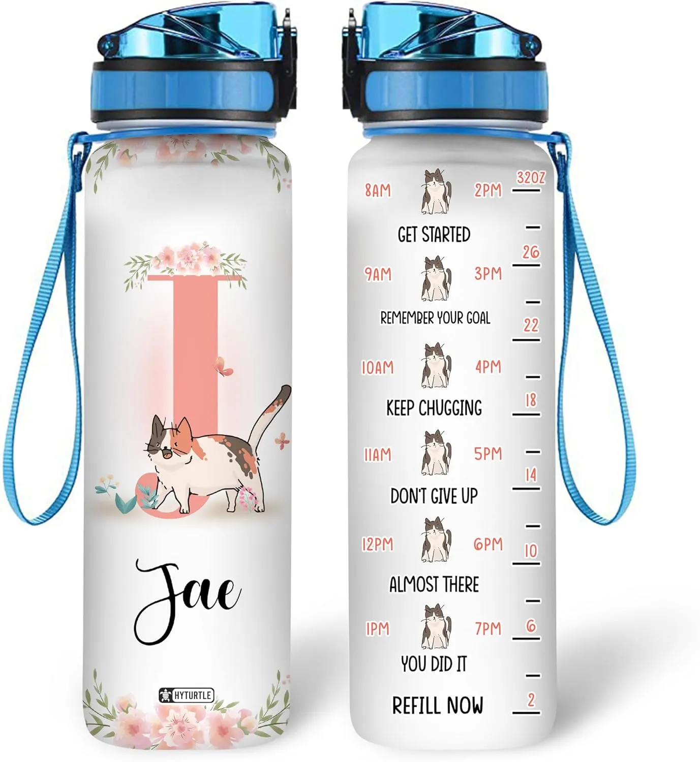 Hyturtle Personalized Cat Water Bottle - 32oz Motivational Water Bottle with Leak-Proof Lid & Time Marker - Custom Name Gift With Initial For Women Cat Lovers, Girls On Birthday Christmas