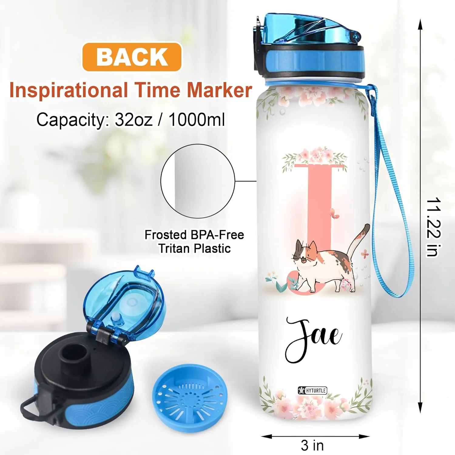 Hyturtle Personalized Cat Water Bottle - 32oz Motivational Water Bottle with Leak-Proof Lid & Time Marker - Custom Name Gift With Initial For Women Cat Lovers, Girls On Birthday Christmas