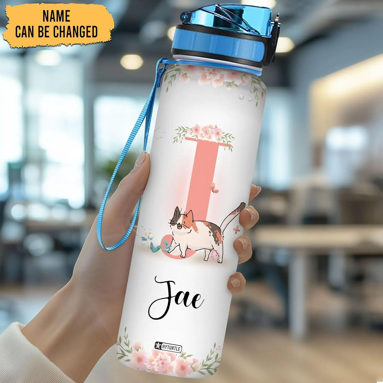 Hyturtle Personalized Cat Water Bottle - 32oz Motivational Water Bottle with Leak-Proof Lid & Time Marker - Custom Name Gift With Initial For Women Cat Lovers, Girls On Birthday Christmas