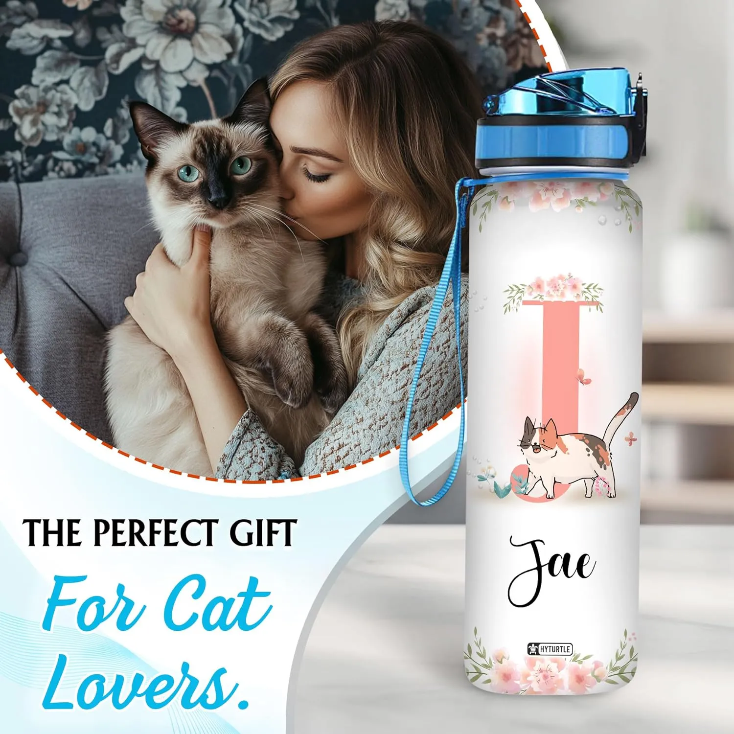 Hyturtle Personalized Cat Water Bottle - 32oz Motivational Water Bottle with Leak-Proof Lid & Time Marker - Custom Name Gift With Initial For Women Cat Lovers, Girls On Birthday Christmas