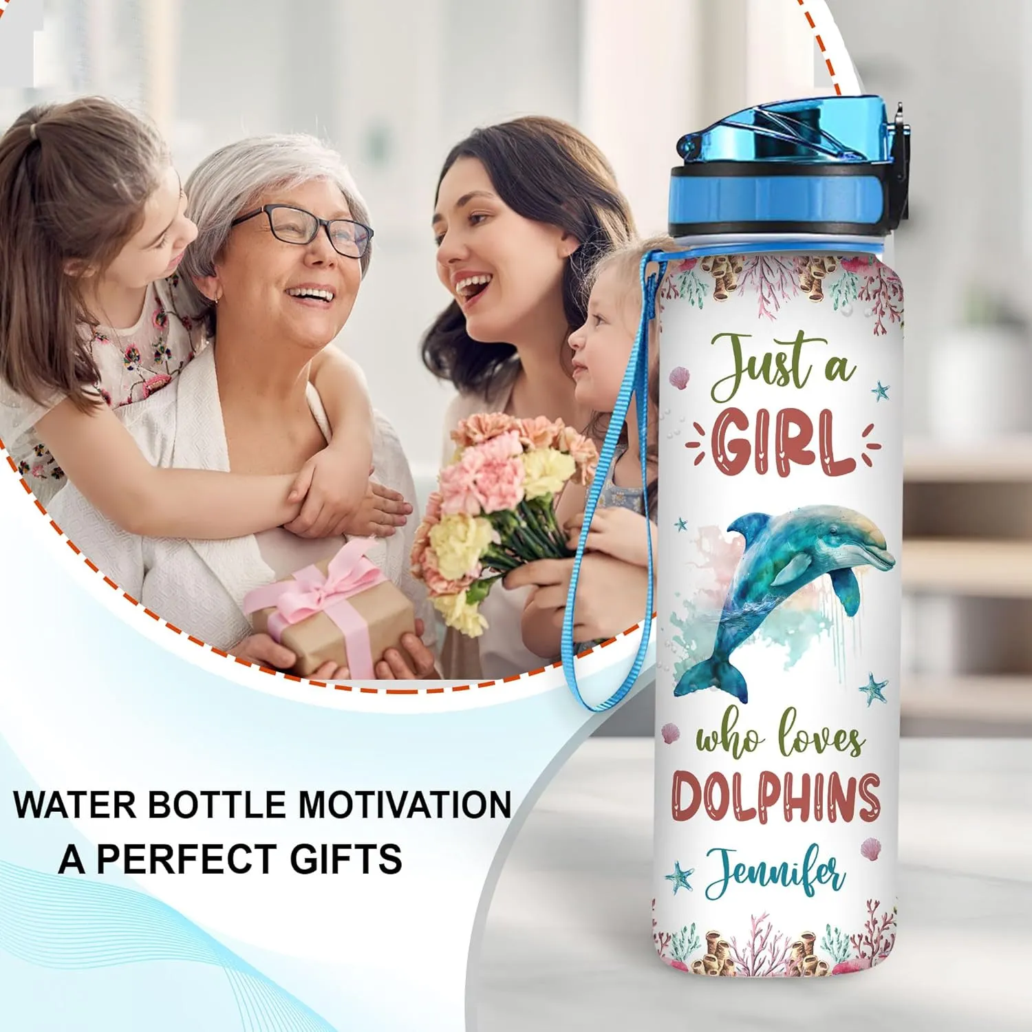 Hyturtle Personalized Dolphin Lovers 32 Oz 1Liter Motivational Water Bottle With Time Marker, Just A Girl Who Loves Dolphines, Sea Animal Lovers Gifts For Women, Girl On Birthday, Christmas
