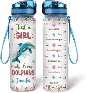 Hyturtle Personalized Dolphin Lovers 32 Oz 1Liter Motivational Water Bottle With Time Marker, Just A Girl Who Loves Dolphines, Sea Animal Lovers Gifts For Women, Girl On Birthday, Christmas