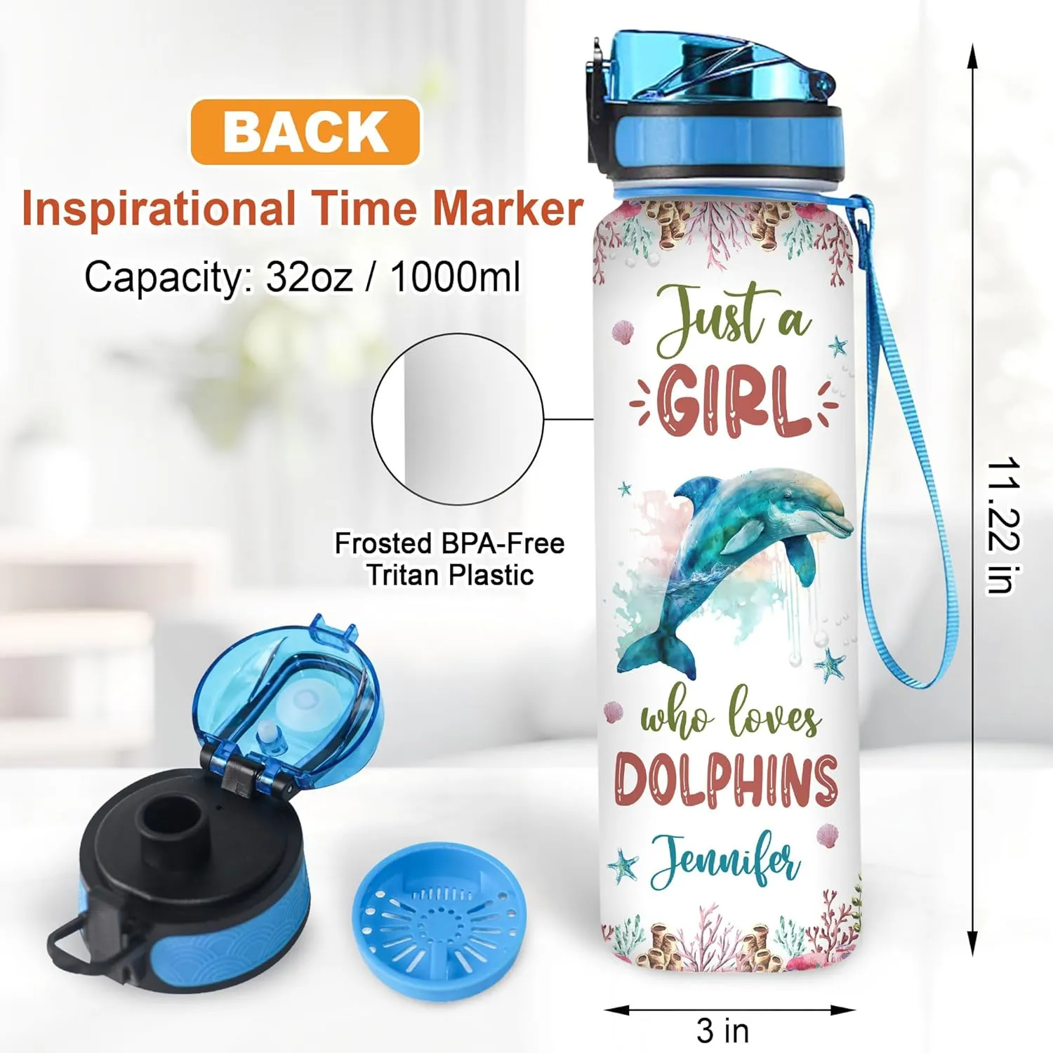 Hyturtle Personalized Dolphin Lovers 32 Oz 1Liter Motivational Water Bottle With Time Marker, Just A Girl Who Loves Dolphines, Sea Animal Lovers Gifts For Women, Girl On Birthday, Christmas