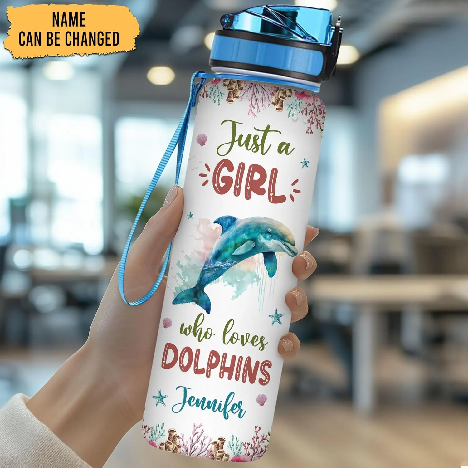 Hyturtle Personalized Dolphin Lovers 32 Oz 1Liter Motivational Water Bottle With Time Marker, Just A Girl Who Loves Dolphines, Sea Animal Lovers Gifts For Women, Girl On Birthday, Christmas