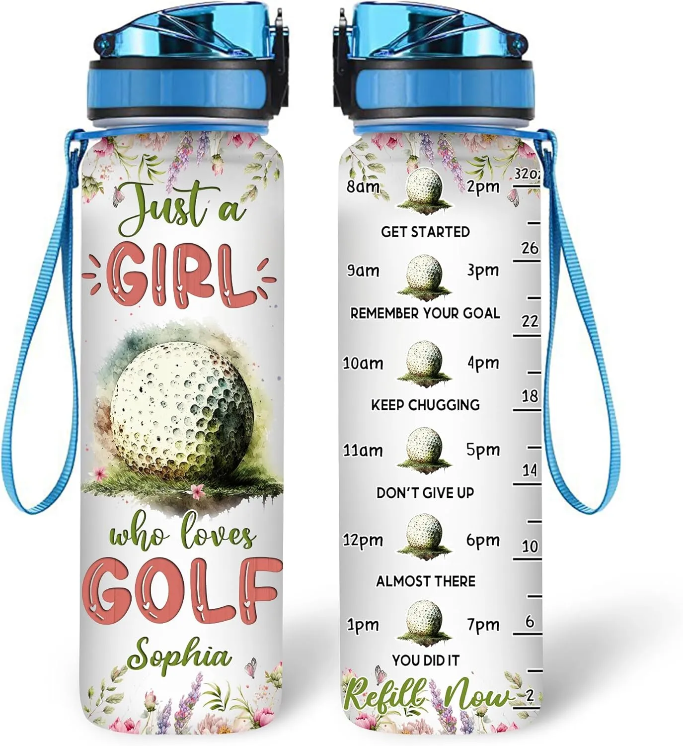 Hyturtle Personalized Golf Lovers 32 Oz 1Liter Motivational Water Bottle With Time Marker, Just A Girl Who Loves Golf, Sport Lovers Gifts For Women, Girl, Player On Birthday, Christmas