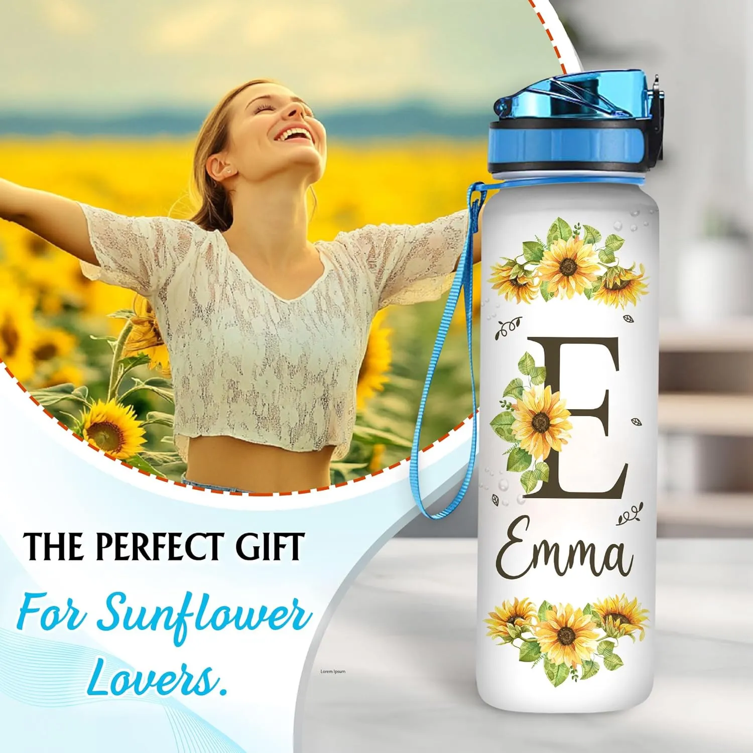 Hyturtle Personalized Sunflower Water Bottle - 32oz Motivational Water Bottle with Leak-Proof Lid & Time Marker - Custom Name Sunflower Gifts for Women, Girls, Sunflower Lovers On Birthday Christmas