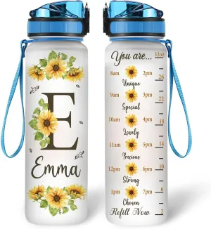 Hyturtle Personalized Sunflower Water Bottle - 32oz Motivational Water Bottle with Leak-Proof Lid & Time Marker - Custom Name Sunflower Gifts for Women, Girls, Sunflower Lovers On Birthday Christmas