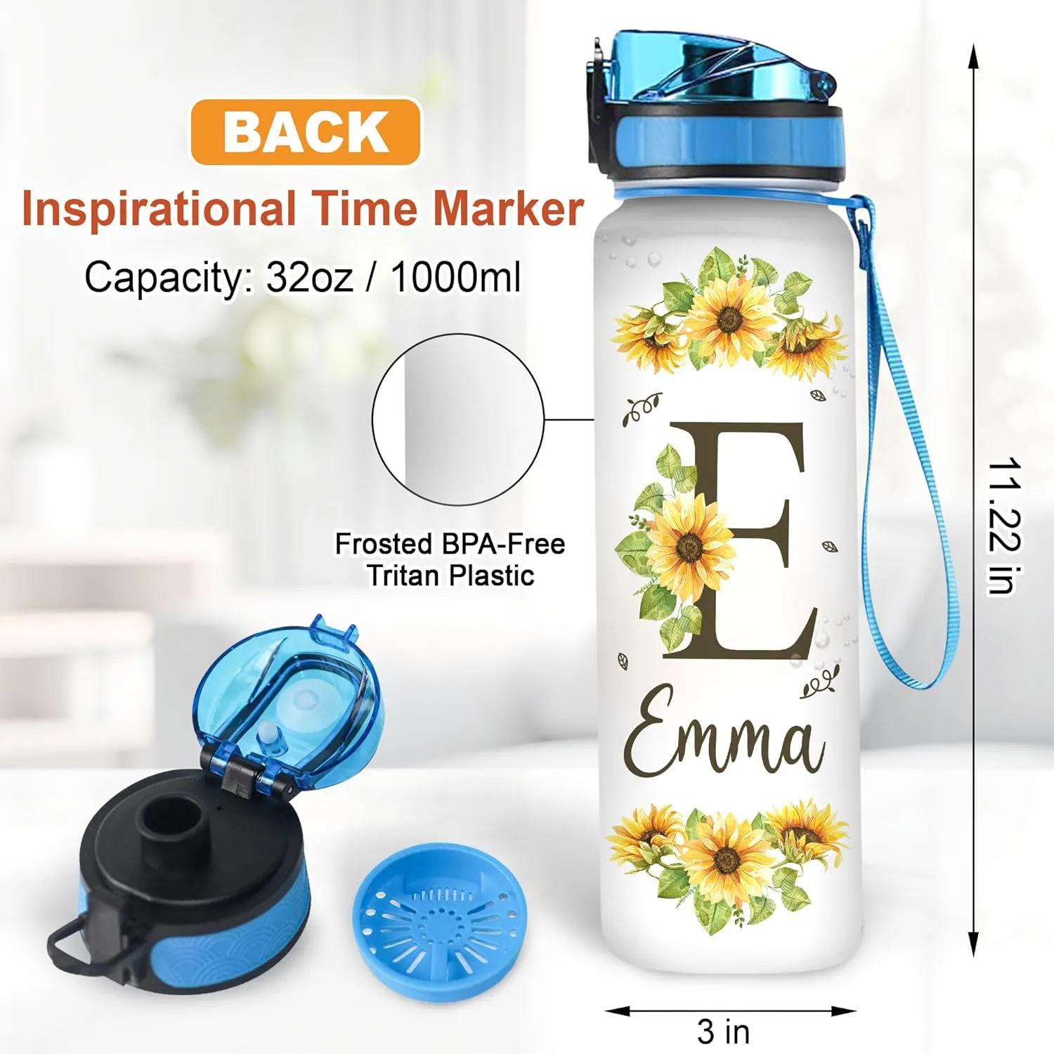 Hyturtle Personalized Sunflower Water Bottle - 32oz Motivational Water Bottle with Leak-Proof Lid & Time Marker - Custom Name Sunflower Gifts for Women, Girls, Sunflower Lovers On Birthday Christmas