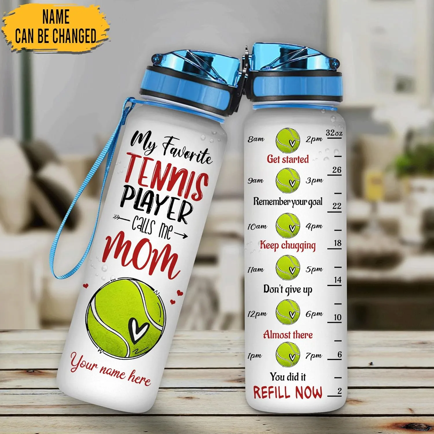 Hyturtle Personalized Tennis Mom 32Oz Liter Motivational Water Bottle, Customized Name With Time Marker, Gifts For Women Girls Boys Friends Tennis Fan Lovers On Birthday Anniversary Mother's Day