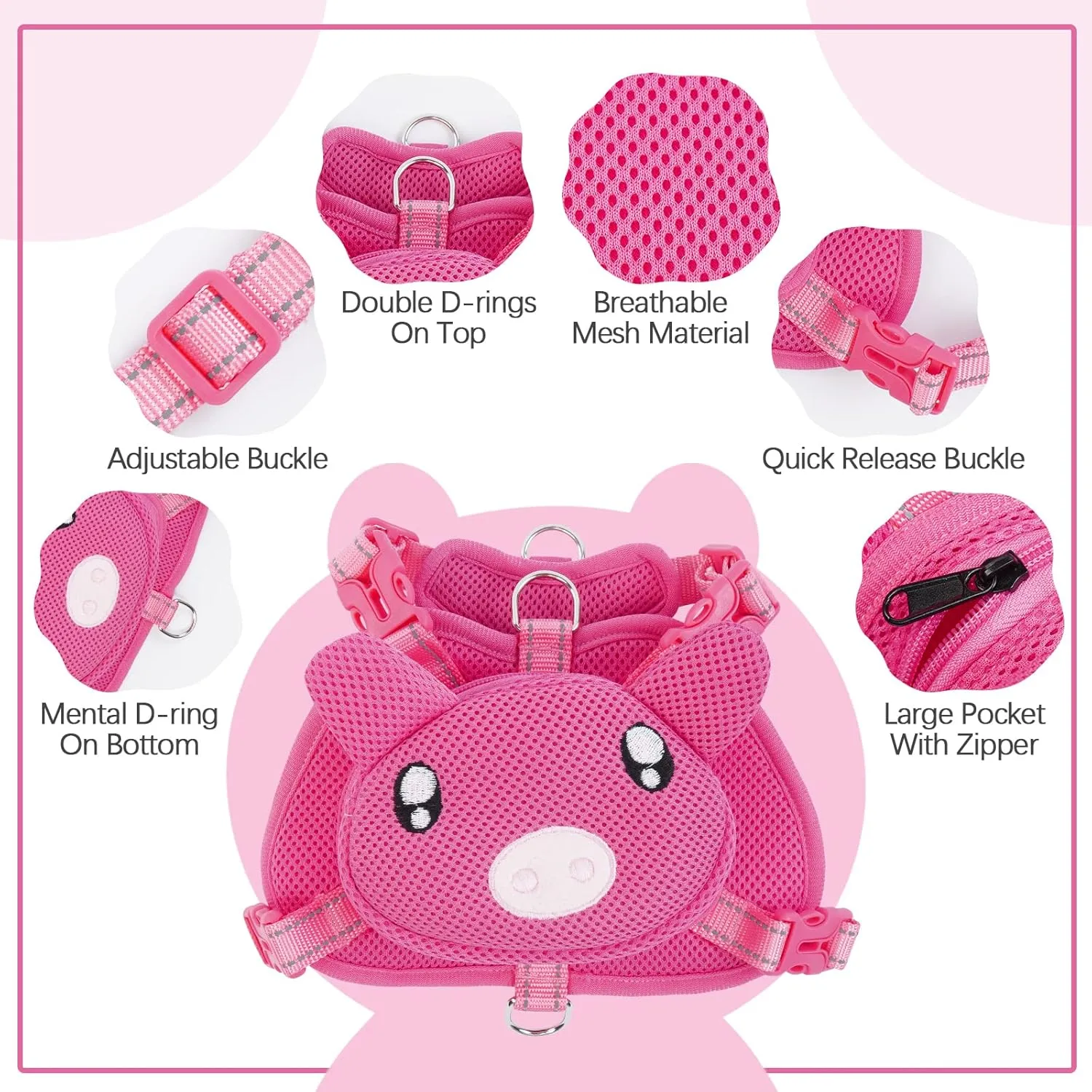 IDOMIK Dog Backpack Harness, No-Pull Dog Backpack with D-Ring for Small Medium Dogs, Cute Self Carrier Backpack for Dogs to Wear, Adjustable Dog Harness Backpack for Traveling Camping Hiking,Pig,L