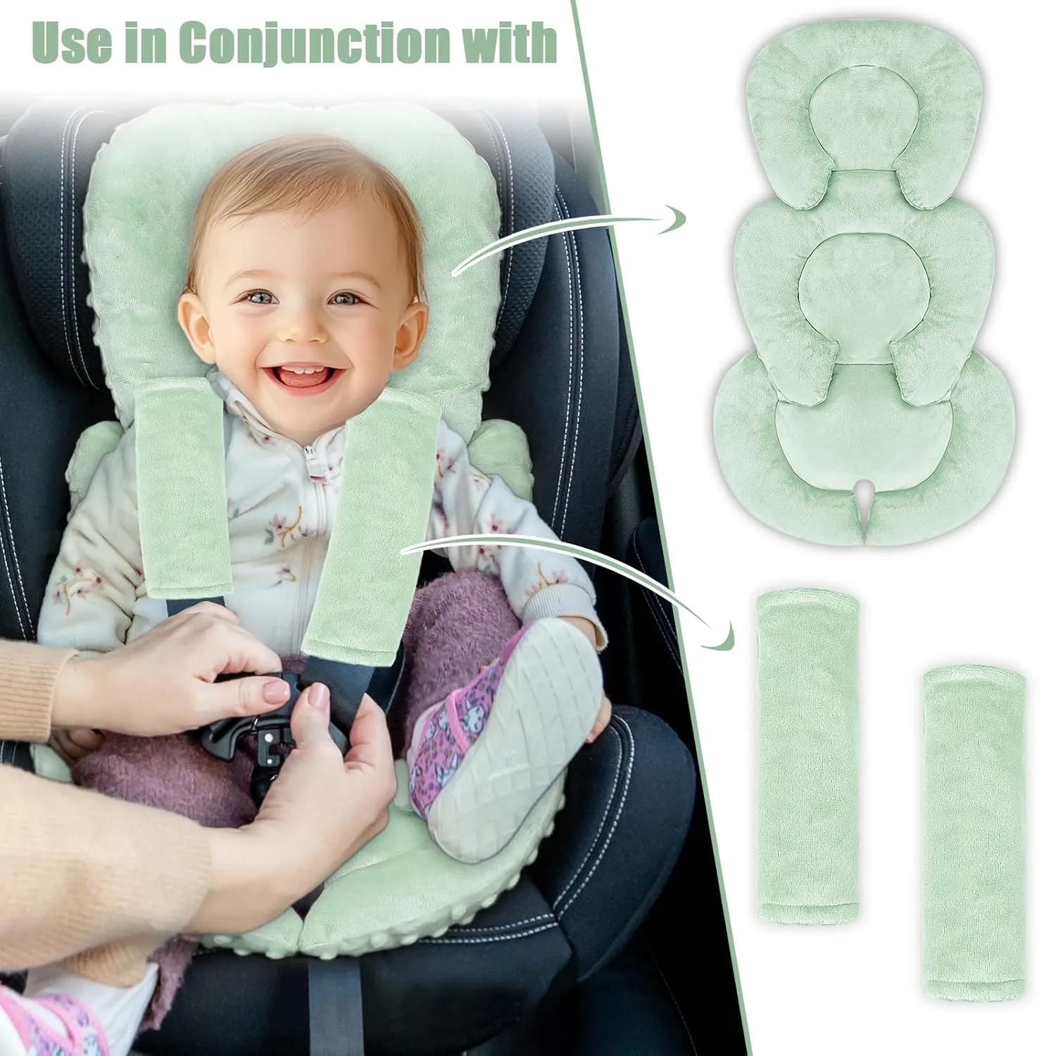 Infant Car Seat Insert Head and Body Support, GFU Reversible Newborn Insert for Carseat with Strap Pads, Soft Stroller Cushion Pillow Insert for Boys and Girls, Fits for Stroller, Swing, Green