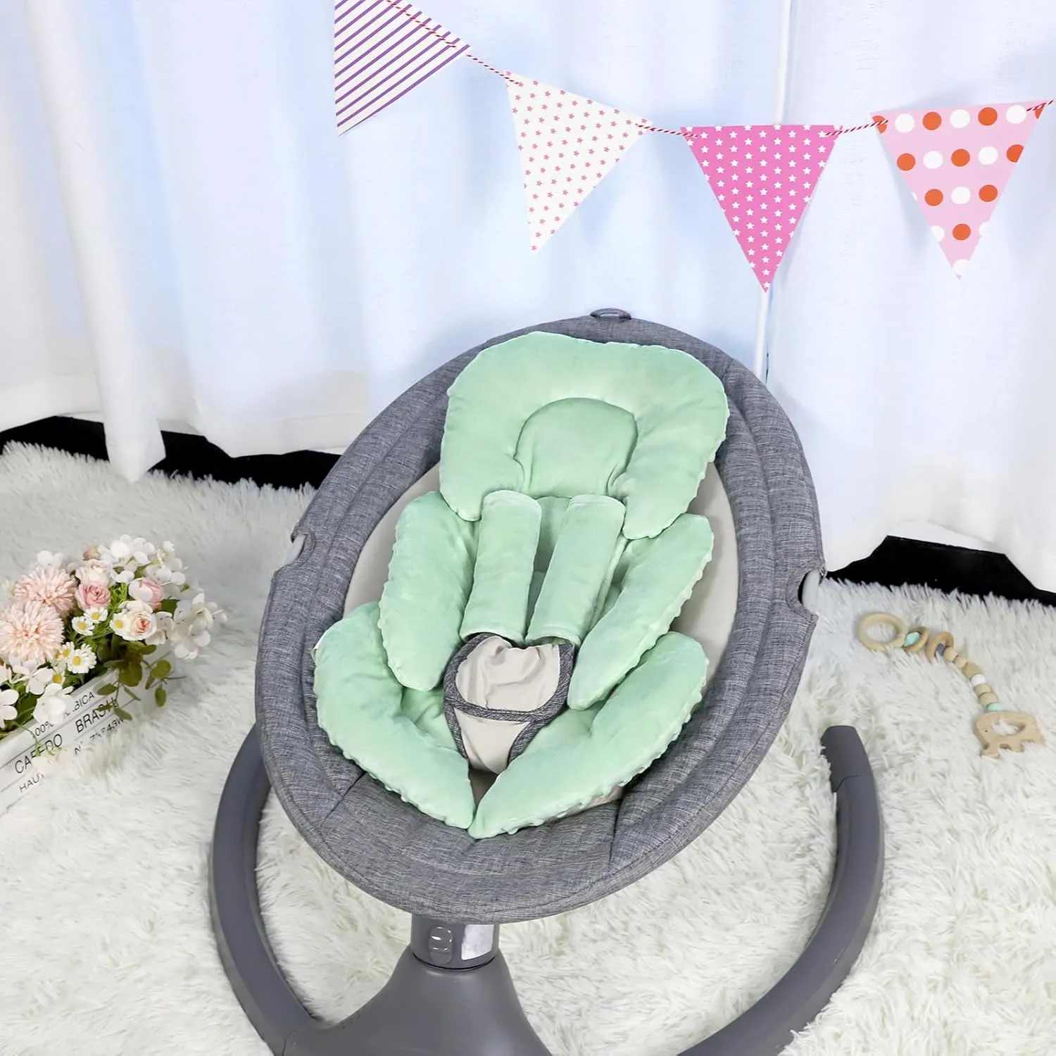 Infant Car Seat Insert Head and Body Support, GFU Reversible Newborn Insert for Carseat with Strap Pads, Soft Stroller Cushion Pillow Insert for Boys and Girls, Fits for Stroller, Swing, Green