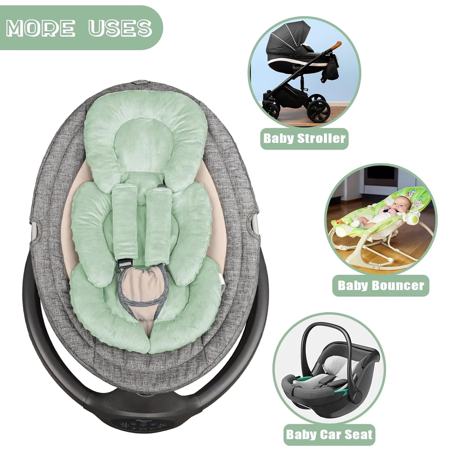 Infant Car Seat Insert Head and Body Support, GFU Reversible Newborn Insert for Carseat with Strap Pads, Soft Stroller Cushion Pillow Insert for Boys and Girls, Fits for Stroller, Swing, Green