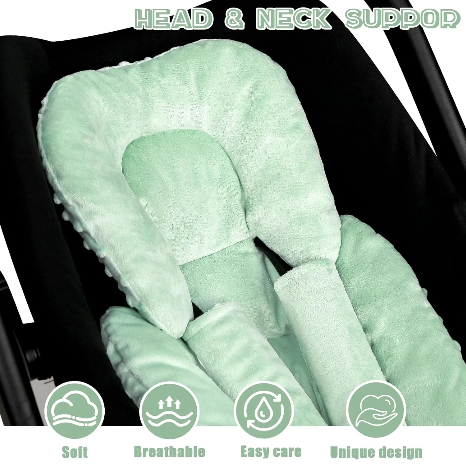Infant Car Seat Insert Head and Body Support, GFU Reversible Newborn Insert for Carseat with Strap Pads, Soft Stroller Cushion Pillow Insert for Boys and Girls, Fits for Stroller, Swing, Green
