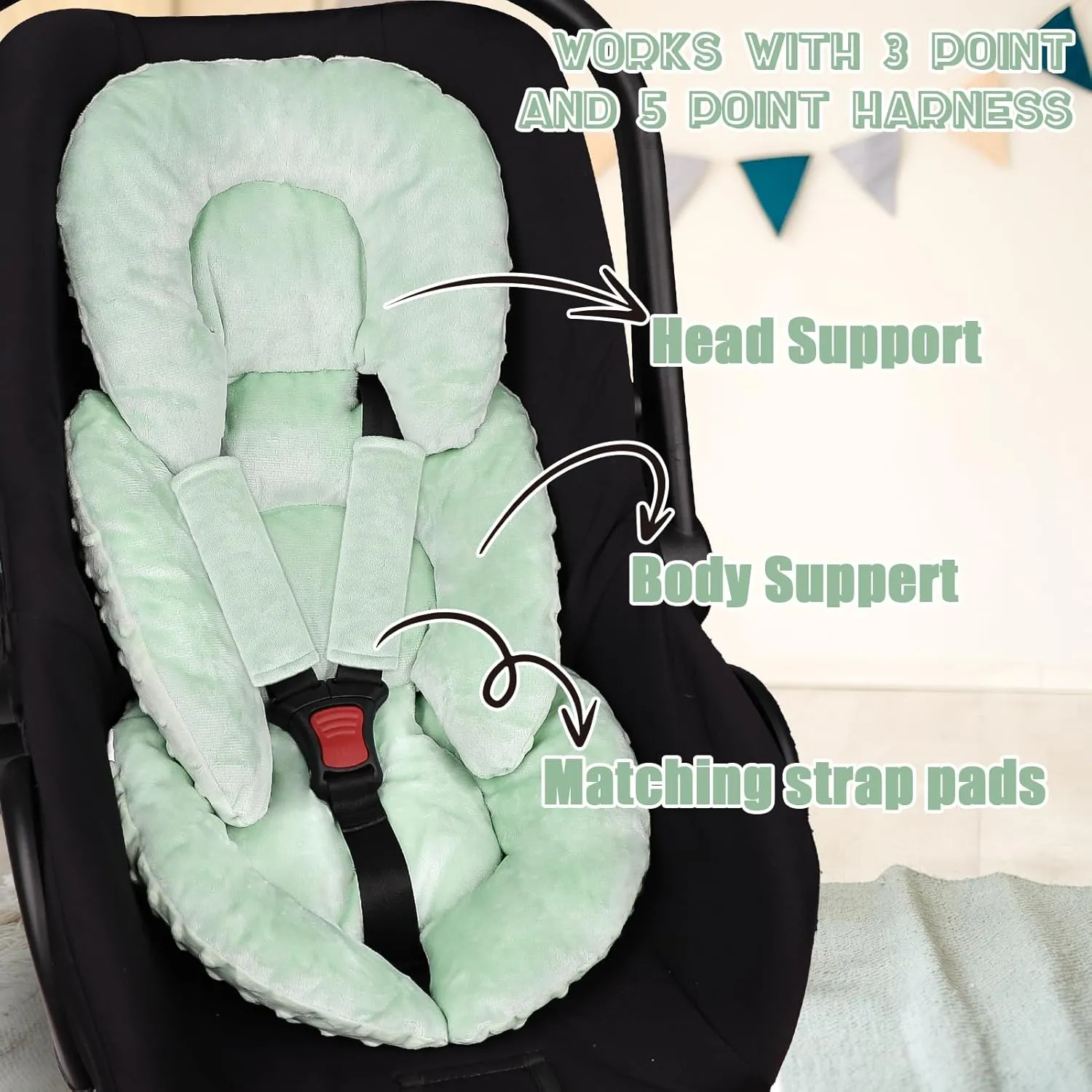 Infant Car Seat Insert Head and Body Support, GFU Reversible Newborn Insert for Carseat with Strap Pads, Soft Stroller Cushion Pillow Insert for Boys and Girls, Fits for Stroller, Swing, Green